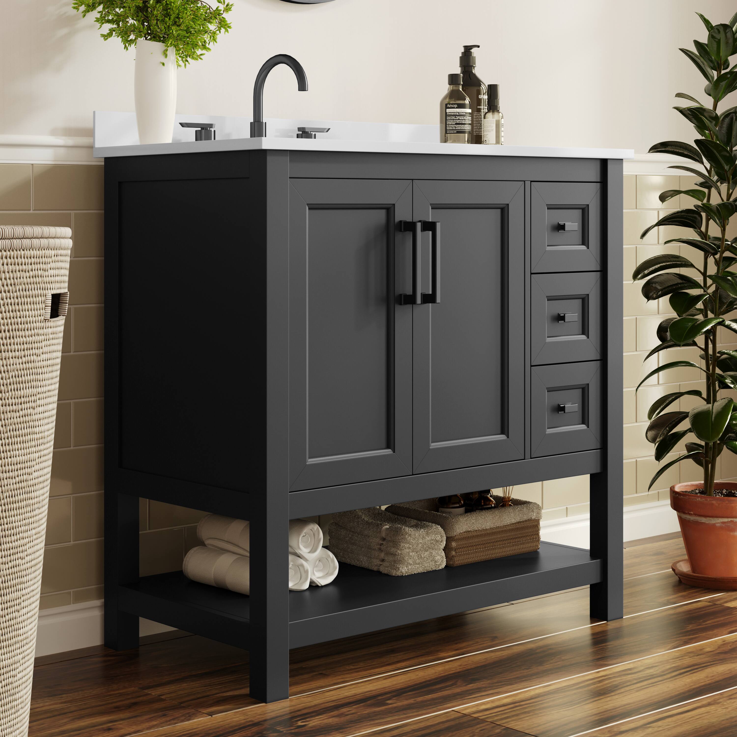 Alt View 2. Flash Furniture - Vega 36" Bathroom Vanity with Sink, Cabinet with Black Hardware, Soft Close Doors, Open Shelf & 3 Drawers, Carrara Marbl - Black.