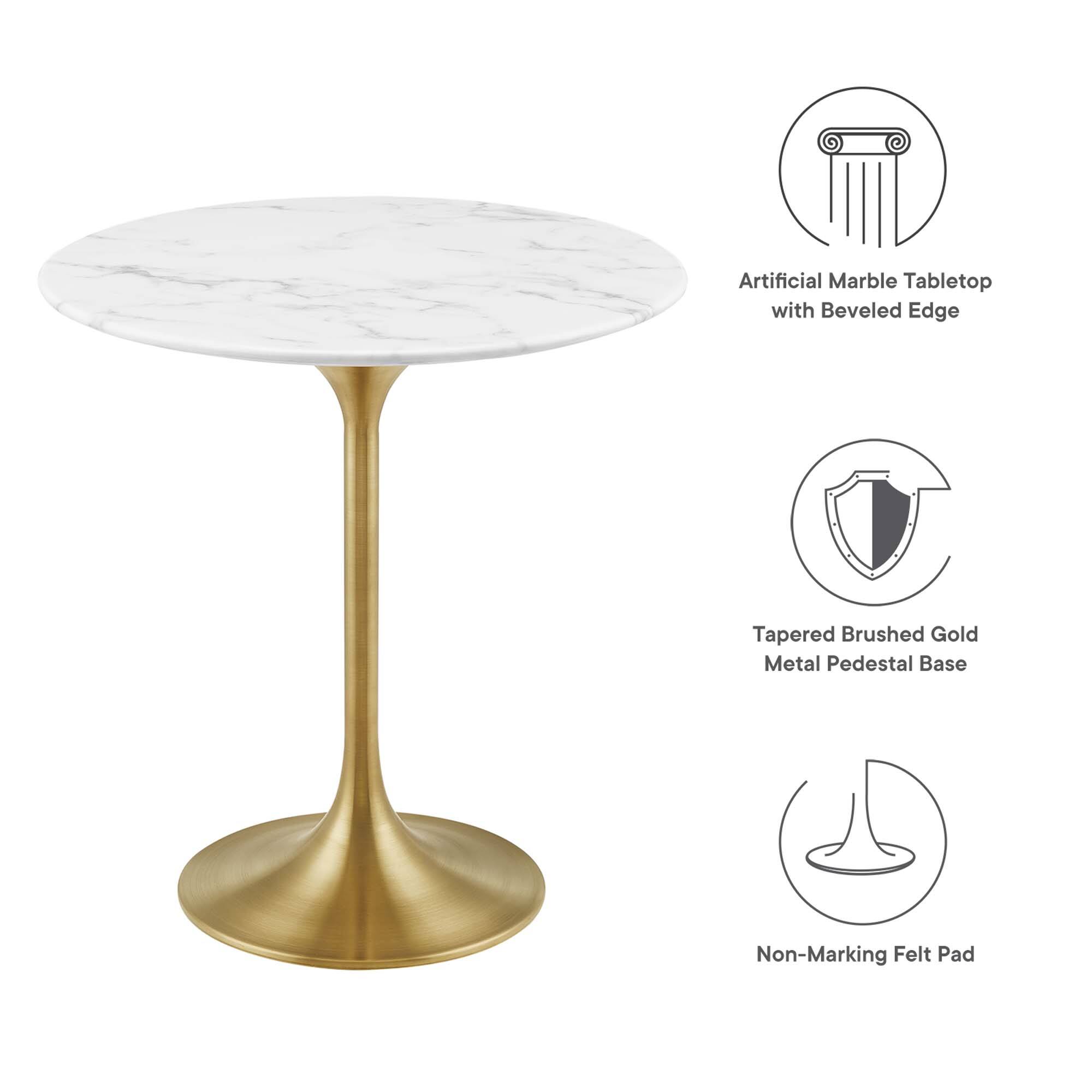 Artificial Marble Tabletop with Beveled Edge  
Tapered Brushed Gold Metal Pedestal Base  
Non-Marking Felt Pad