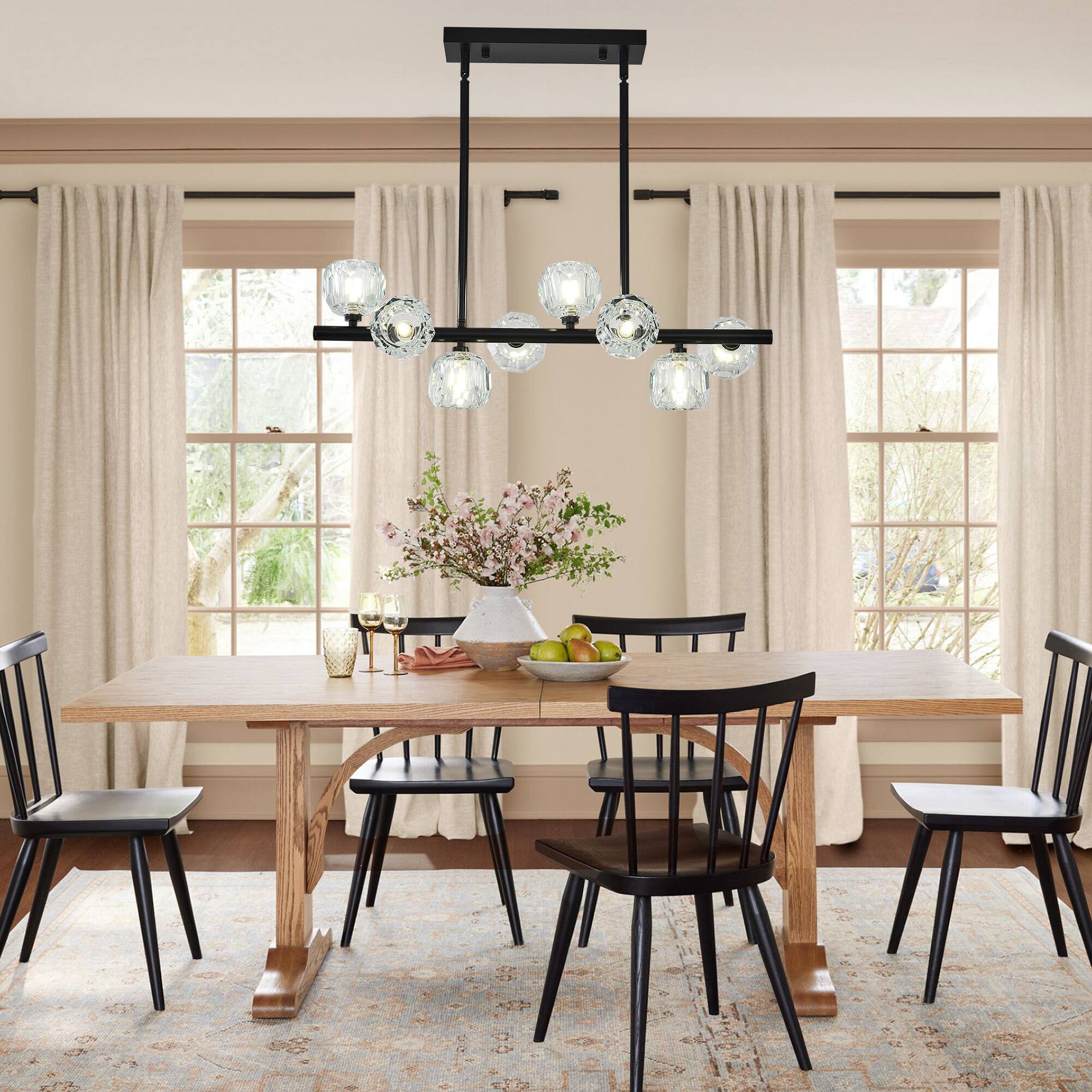 Angle. RYHNUYNE - 8 Lights Black Kitchen Island Light Fixture,Linear Chandelier with Glass Lampshade,Large Rectangular Chandeliers - Black.