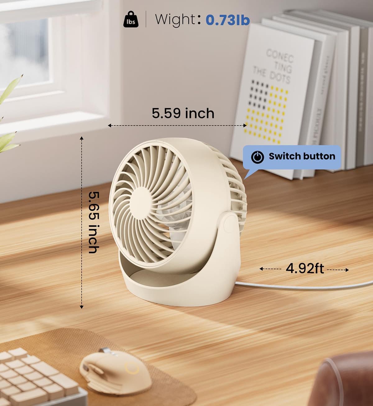 - Weight: 0.73lb
- 5.59 inch
- 5.65 inch
- 4.92ft
- Switch button