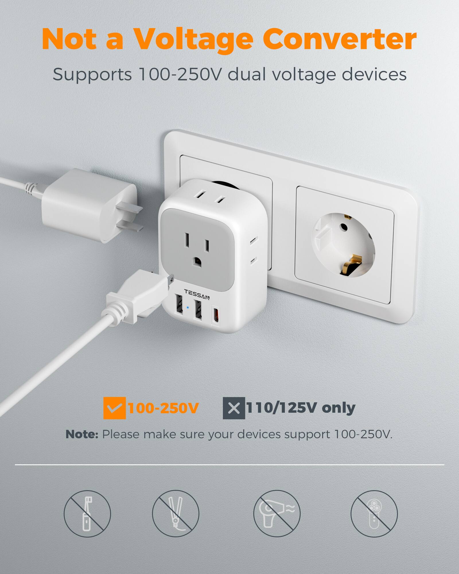 Not a Voltage Converter  
Supports 100-250V dual voltage devices  

TESSAN 100-250V X 110/125V 25V only  

Note: Please make sure your devices support 100-250V.