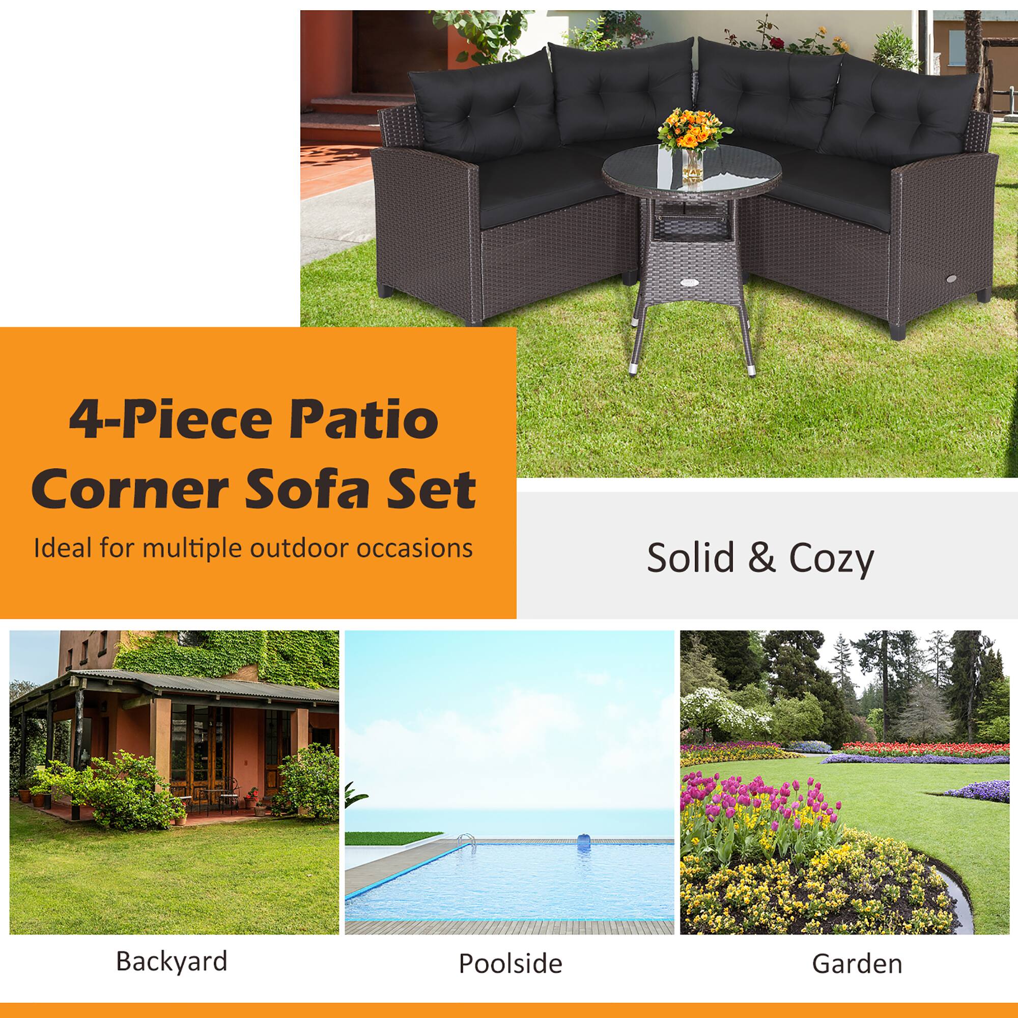 4-Piece Patio Corner Sofa Set Ideal for multiple outdoor occasions Solid & Cozy Backyard Poolside Garden