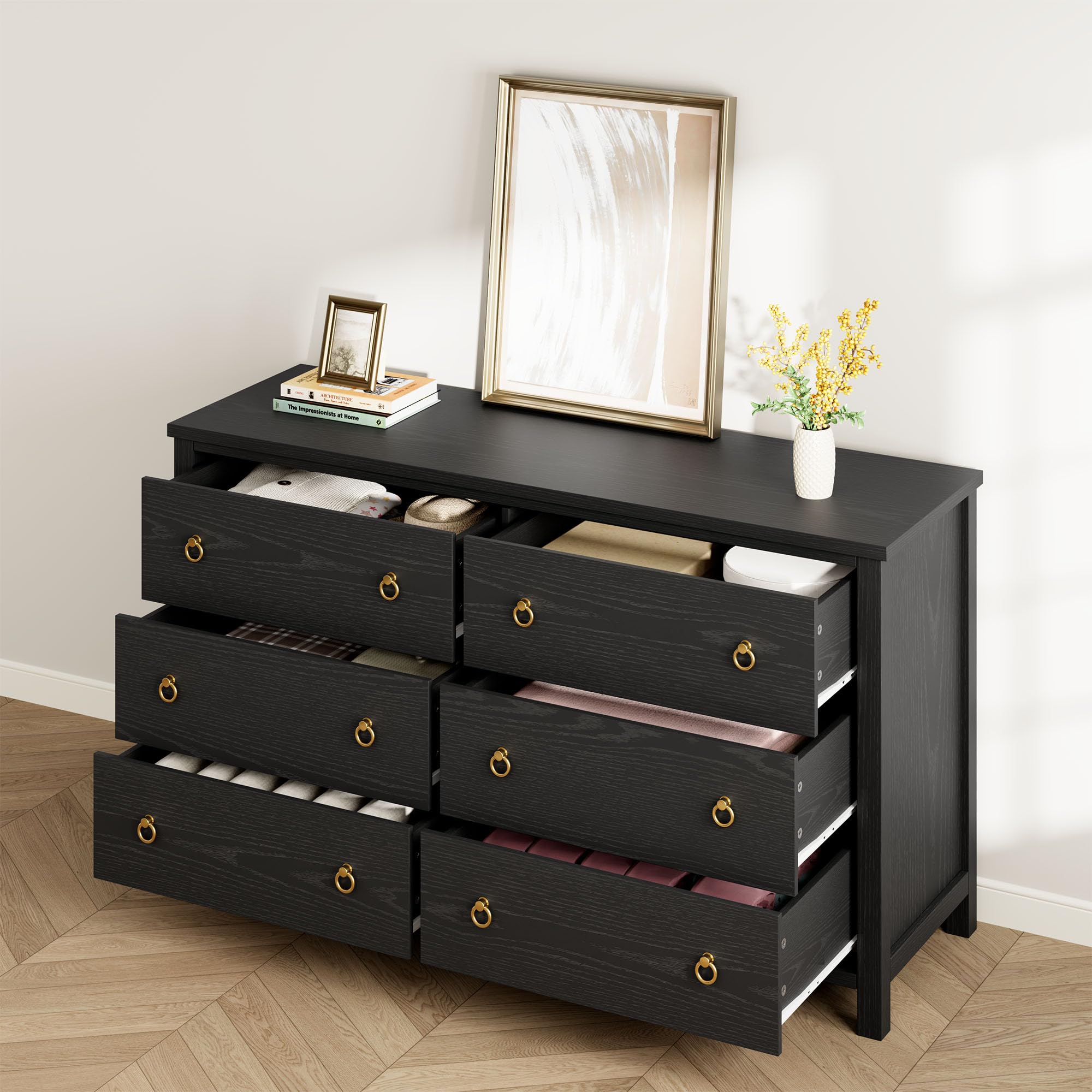 Back. Jojoka - Dresser for Bedroom with 6 Drawers, 47'' Wide Chest of Drawers with Large Clothes Storage Cabinet, Wood Bedroom Dresser - Black.