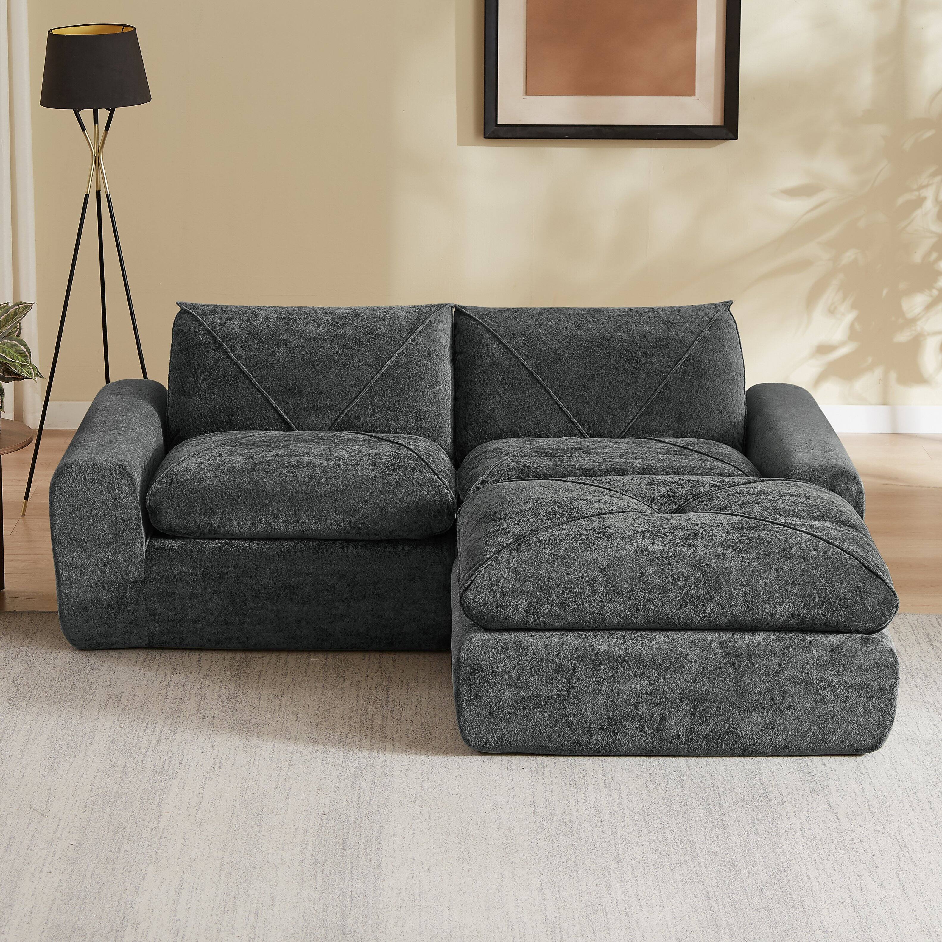 Back. Loheer - Loheer Chenille Sectional Sofa Modern Minimalist L Shaped Couch with Ottoman 85 Inch Apartment Combination Sofa - Dark Gray.