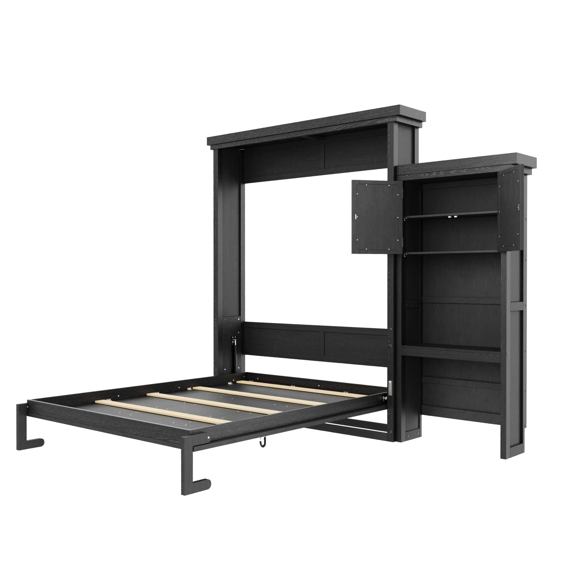 Left. Whisen - Queen Size Murphy Bed, Space-Saving Folding Bed Frame with Integrated Storage Shelves, Louvered Design - Black.