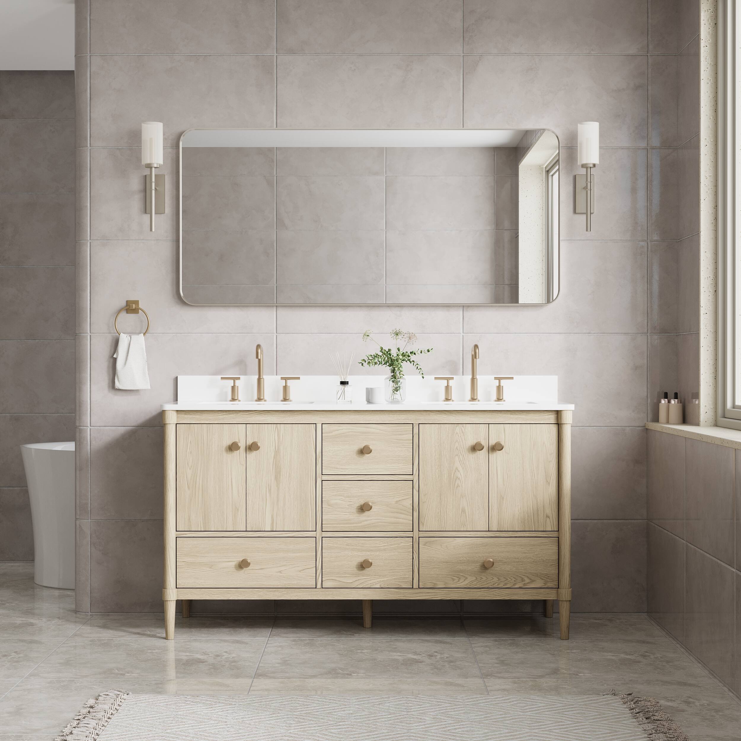 Left. WELLFOR - 60 in. W x 28 in. H Rectangular Aluminum Framed Wall Bathroom Vanity Mirror Large Decorative Mirror - Brushed Nickel.