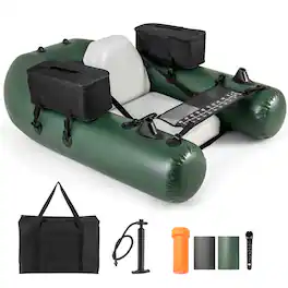 Costway - Inflatable Fishing Float Tube with Fish Ruler Angling Base 2 Storage Pockets Pump - Camouflage