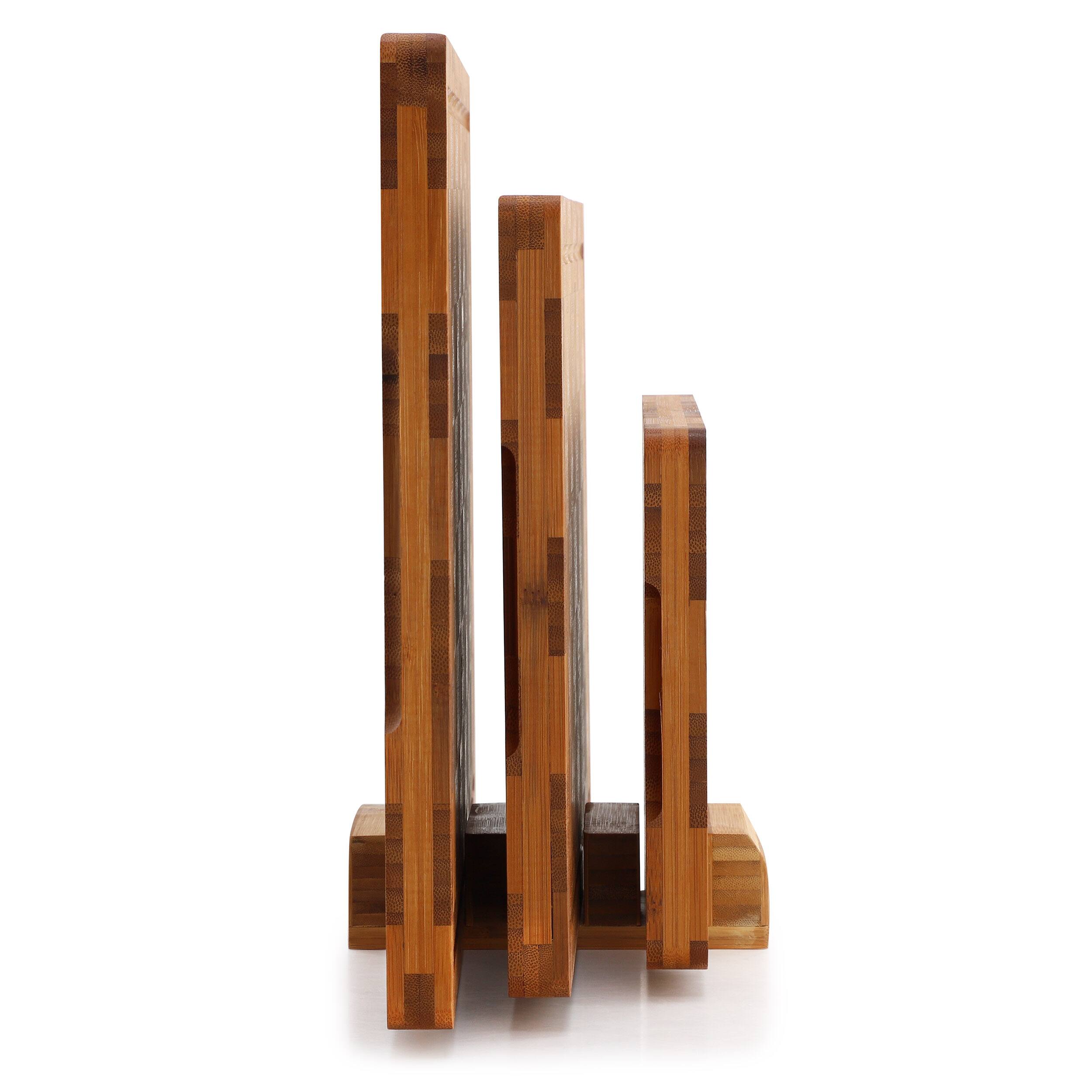 Back. MegaChef - MegaChef 3 Piece Bamboo Checkered Pattern Cutting Board Set with Storage Holder - Brown.