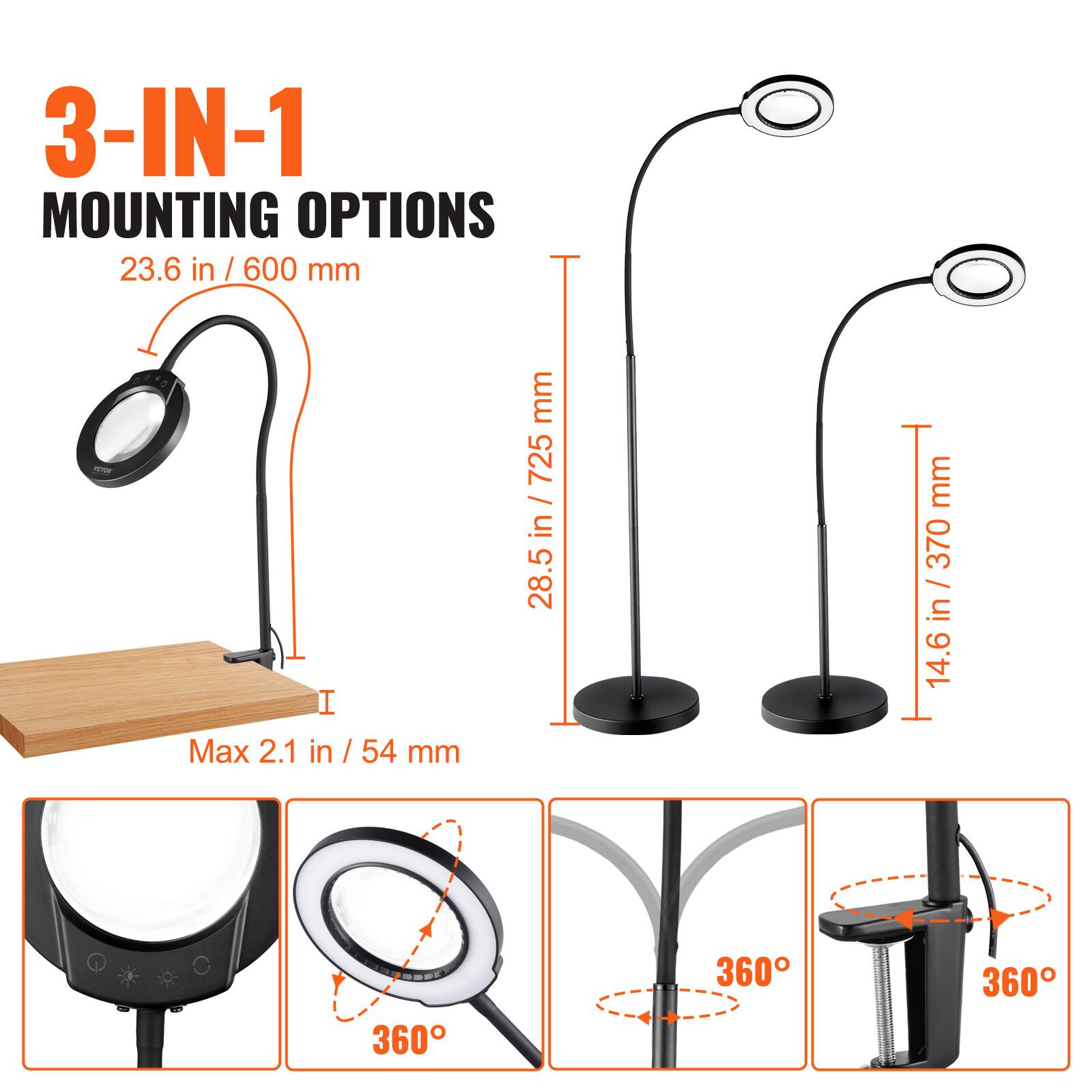 3-IN-1 MOUNTING OPTIONS

23.6 in / 600 mm

28.5 in / 725 mm

14.6 in / 370 mm

Max 2.1 in / 54 mm

360°

360°

360°