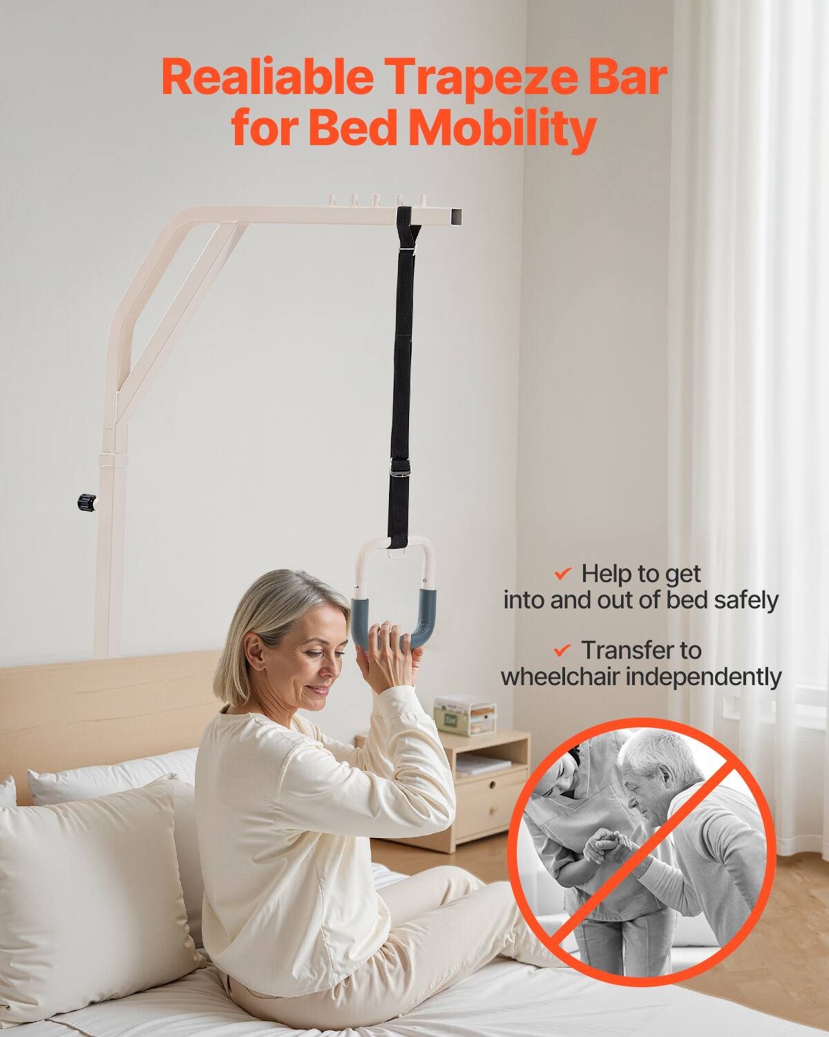 Reliable Trapeze Bar for Bed Mobility

- Help to get into and out of bed safely
- Transfer to wheelchair independently