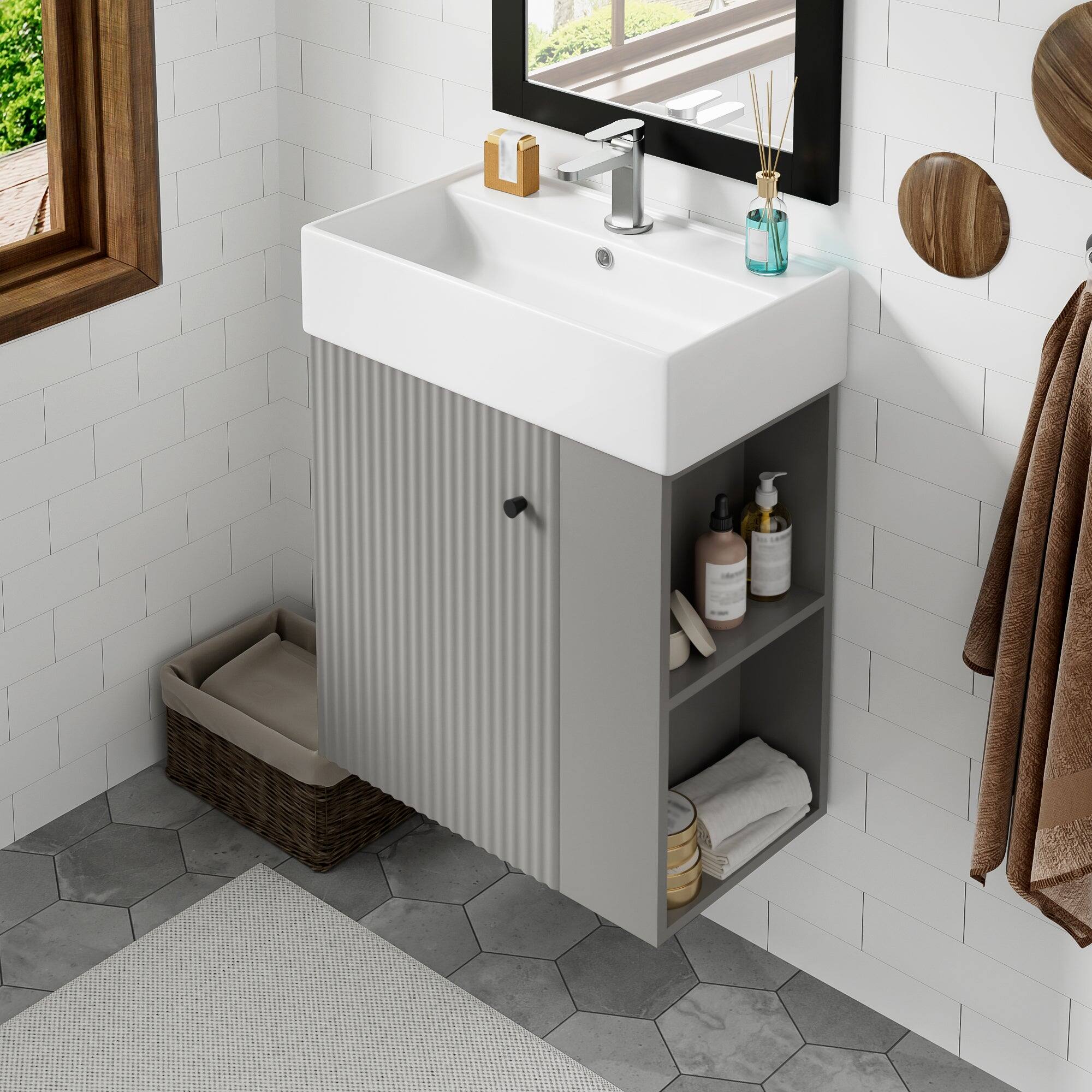 Alt View 4. Boyel Living - 21.6 Inch Gray Bathroom Vanity with Ceramic Sink Right Side Storage Soft Close Door MDF Cabinet Wall Mounted - Gray.