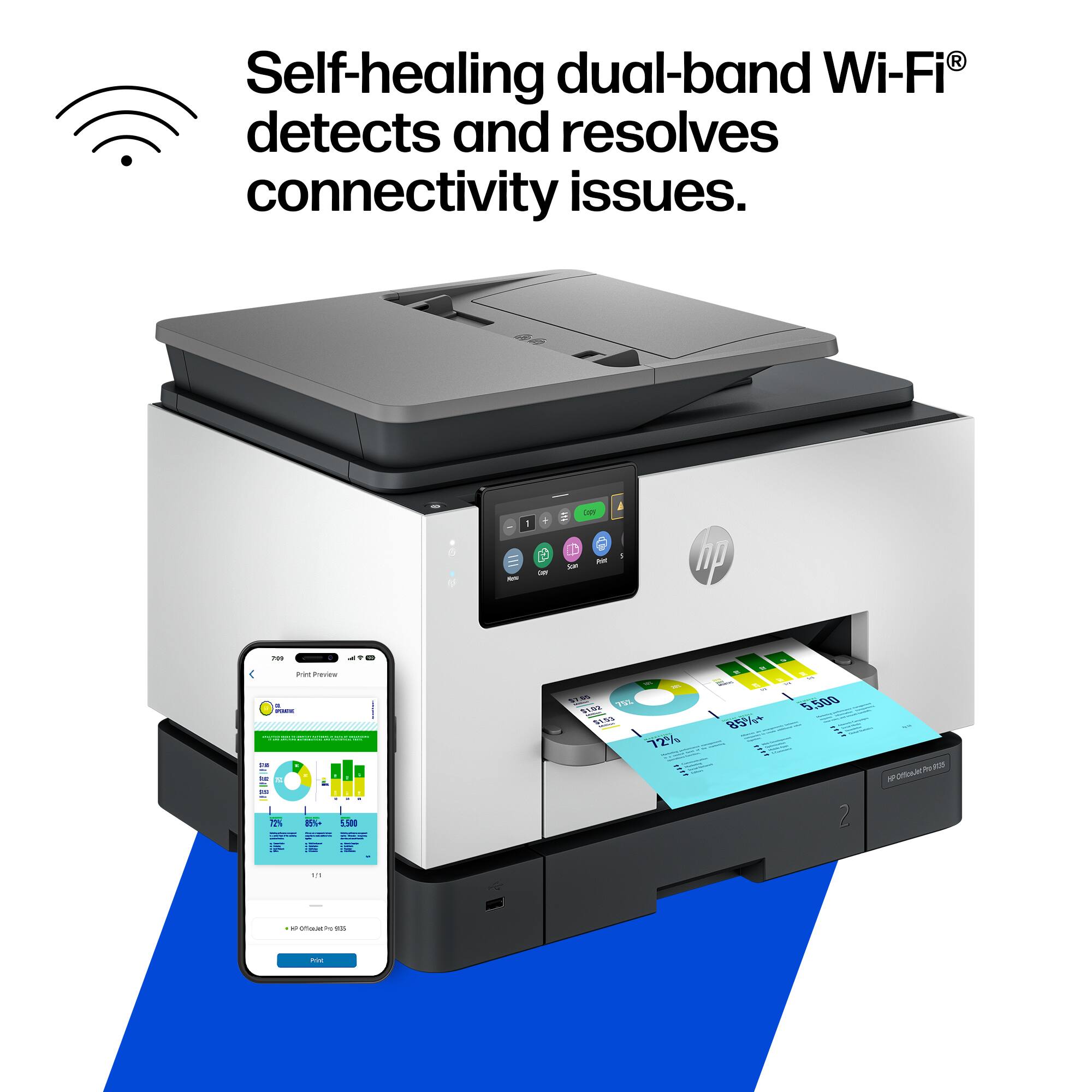 Self-healing dual-band Wi-Fi® detects and resolves connectivity issues.