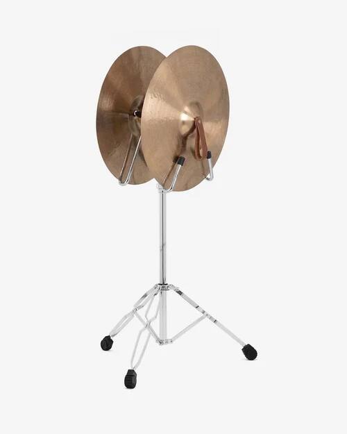 Left. Gibraltar Hardware - Concert Cymbal Stand with Double Braced Legs, Dual 22 Inch Cymbal Hangers, and Adjustable Height.