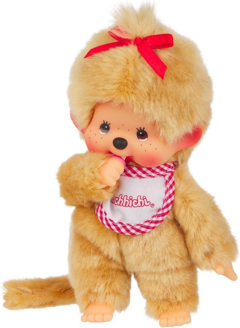 Alt View 5. Monchhichi - Monchhichi: Beige Girl Plush Toy - Red Bib.