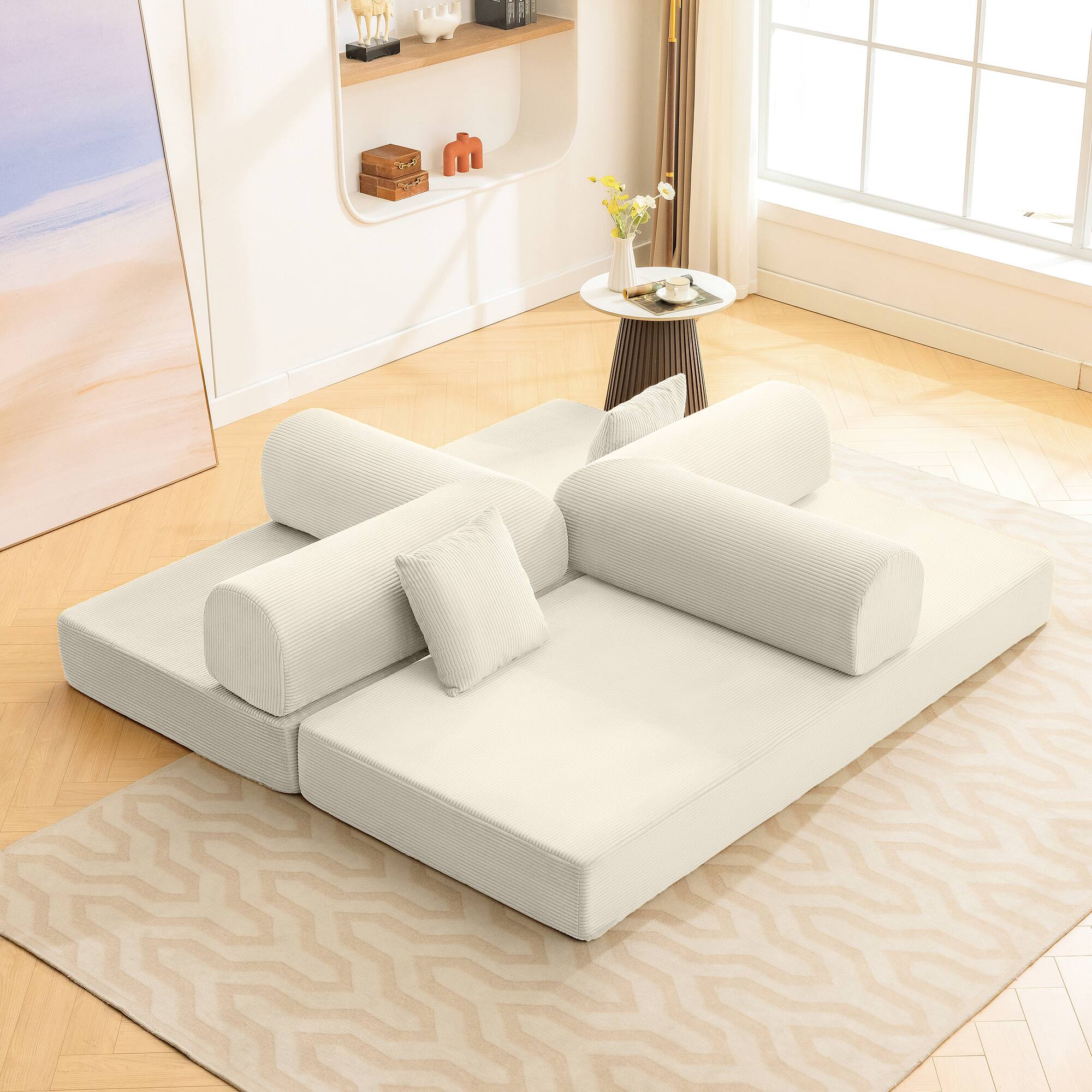 Left. Brick Attic - 4-in-1 Folding Convertible Floor Sofa Bed, 78 Inch Oversized Modern Fabric Boneless Couch for Living Room Bedroom Lounge - Beige.