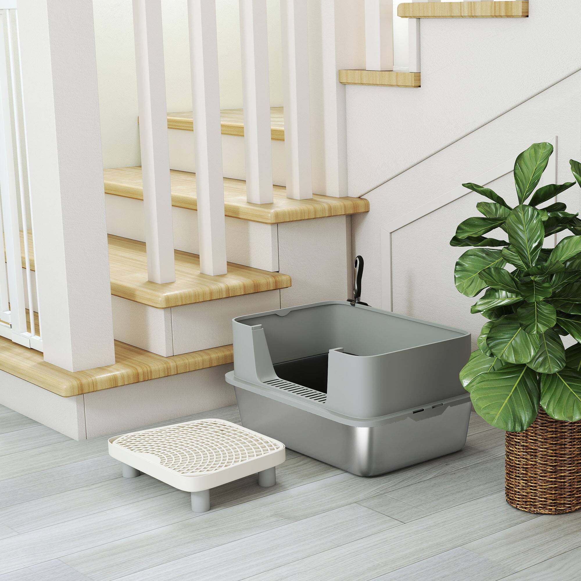 Alt View 5. Pawhut - Stainless Steel Litter Box, Extra Large High Sided w/Scoop, Pedal, Anti-Urine Leakage, Non-Sticky, Easy Cleaning - Gray.