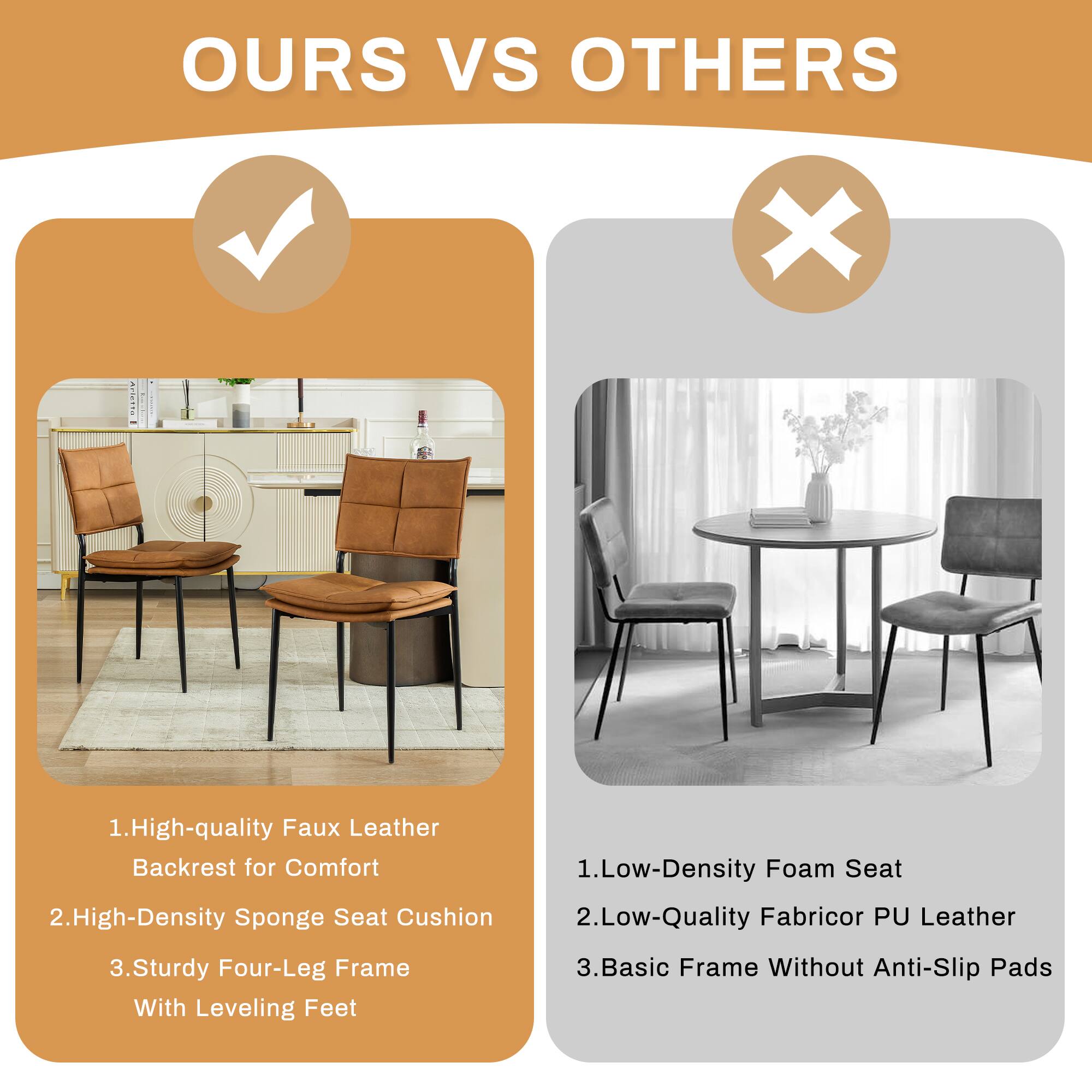 **OURS VS OTHERS**

**OURS:**
1. High-quality Faux Leather Backrest for Comfort
2. High-Density Sponge Seat Cushion
3. Sturdy Four-Leg Frame With Leveling Feet

**OTHERS:**
1. Low-Density Foam Seat
2. Low-Quality Fabricor PU Leather
3. Basic Frame Without Anti-Slip Pads