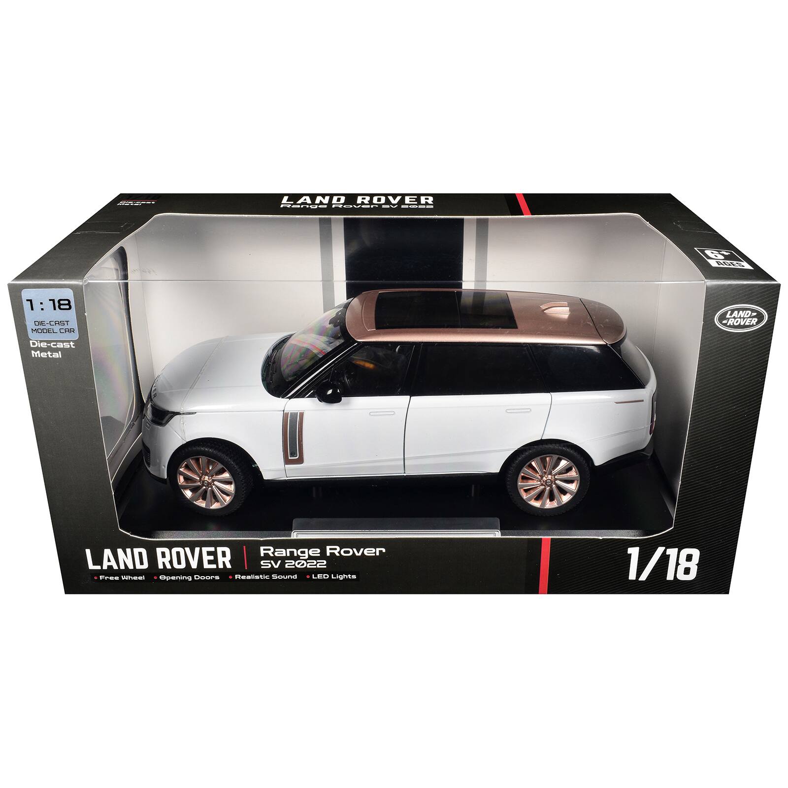 LAND ROVER Range Rover V2 ----  
6+ AGES  
1:18 DIE-CAST MODEL CAR Die-cast Metal  
LAND ROVER  
Range Rover LAND ROVER SV 2022 Free Wheel Opening Doors Realistic Sound LED Lights  
1/18