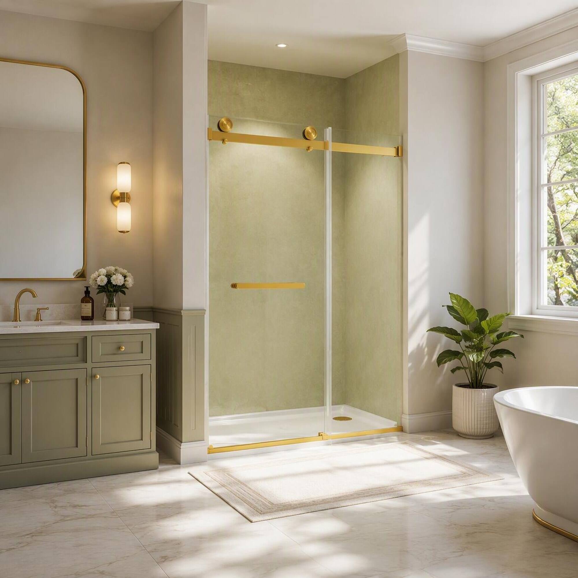 Back. RYHNUYNE - Frameless Double Sliding Shower Door 56-60" W X 74" H With 5/16" Tempered Glass, Brushed Gold Hardware - Brushed Gold.