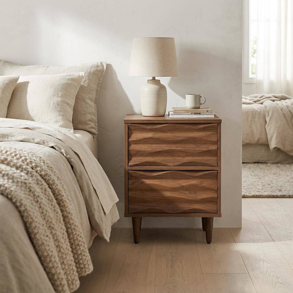 Angle. FurniFact - Brown Wooden Nightstand with Two Drawers and Sleek Modern Design - Brown.