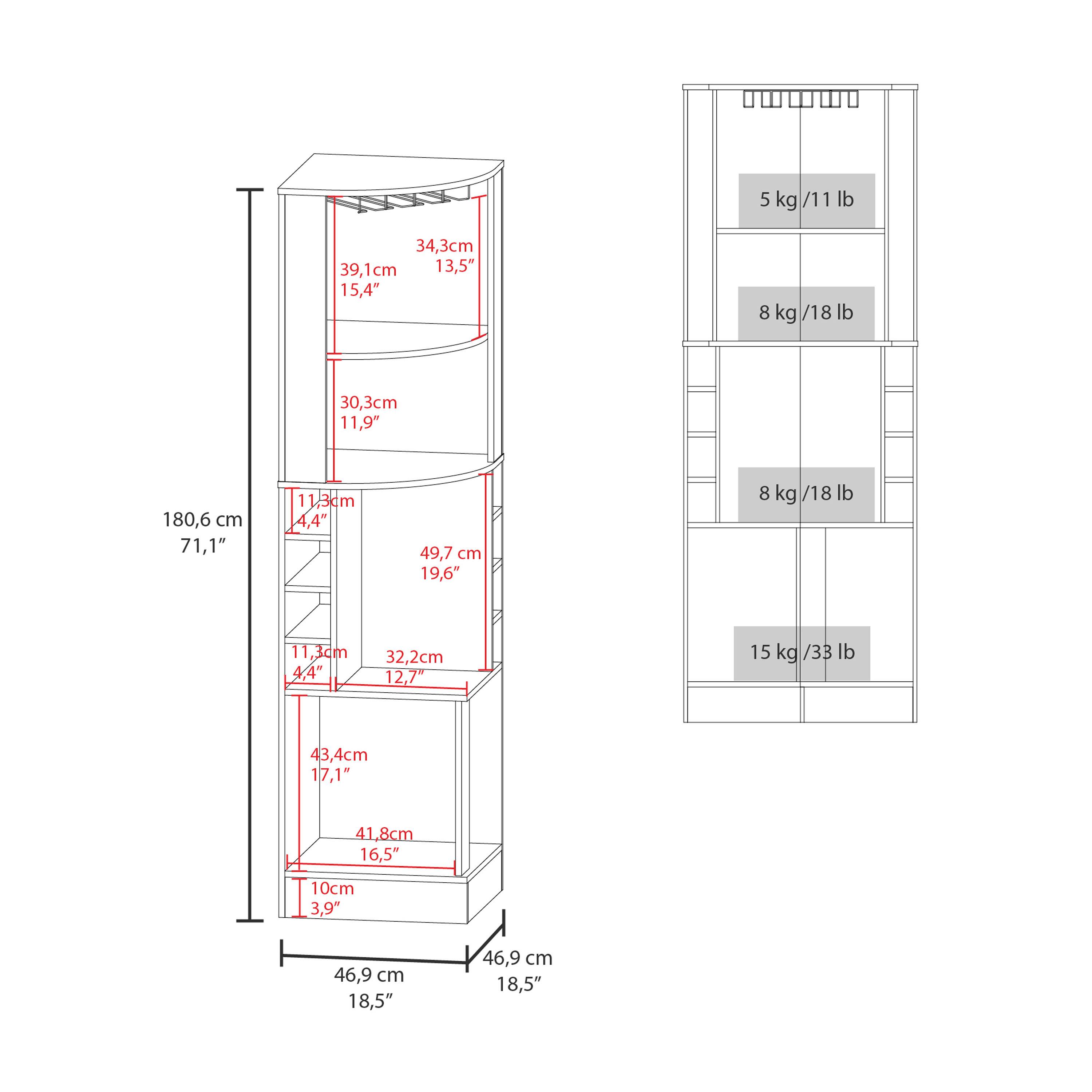 5 kg / 11 lb  
8 kg / 18 lb  
8 kg / 18 lb  
15 kg / 33 lb  

34.3 cm / 13.5"  
39.1 cm / 15.4"  
30.3 cm / 11.9"  
11.3 cm / 4.4"  
49.7 cm / 19.6"  
43.4 cm / 17.1"  
41.8 cm / 16.5"  
10 cm / 3.9"  
46.9 cm / 18.5"  

180.6 cm / 71.1"