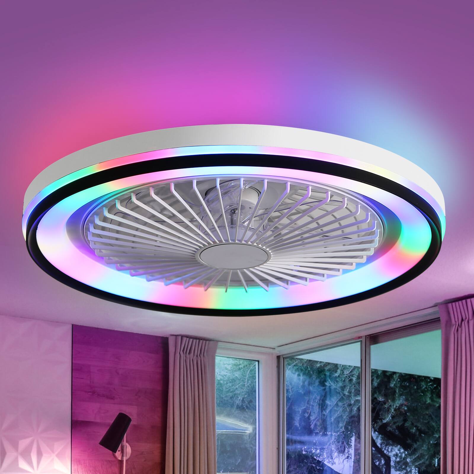 Angle. Sofucor - Modern Flush Mount Ceiling Fan 19" Dimmable LED Enclosed Ceiling Fans Bladeless RGB Ambient Light for Bedroom Kids Party - White.