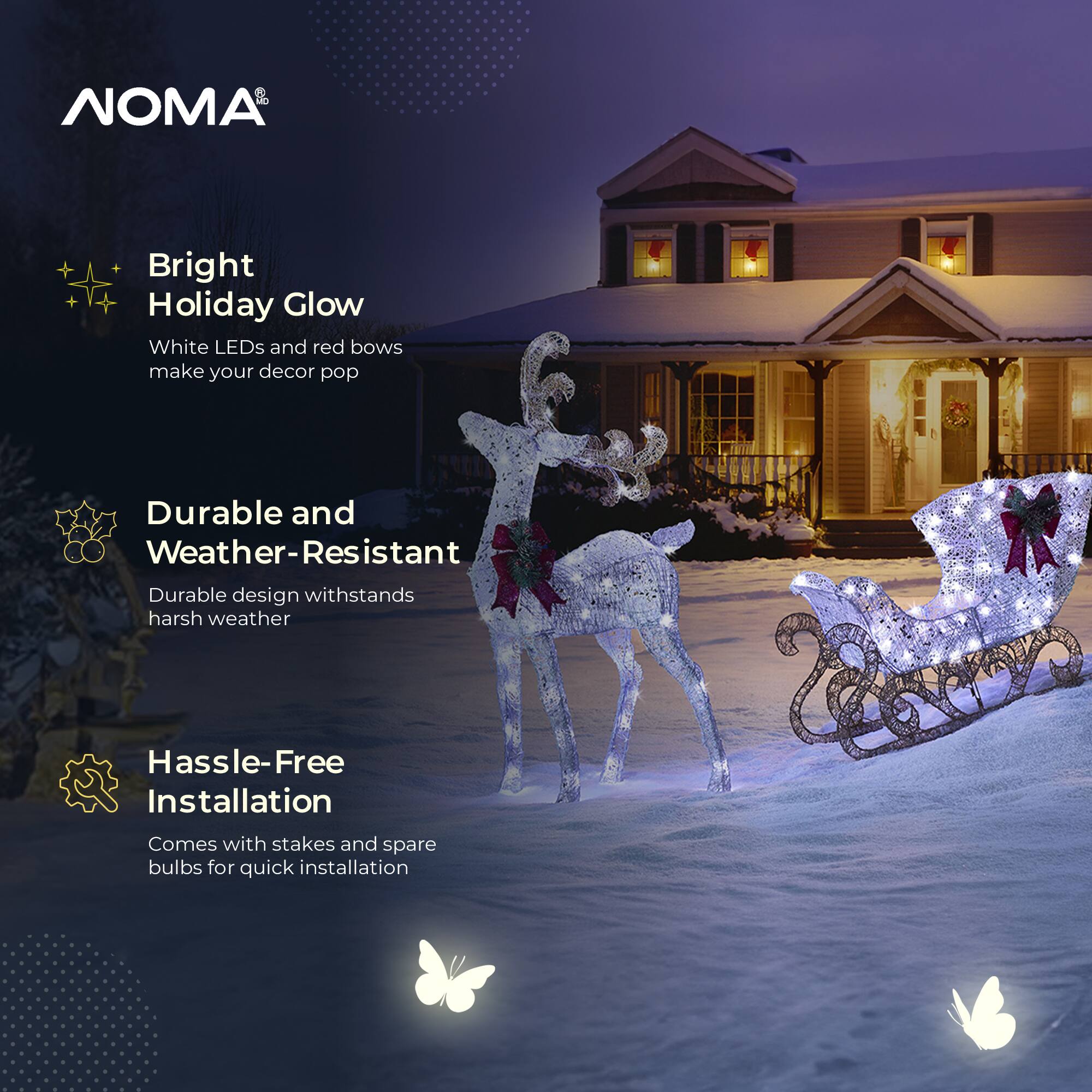 NOMA

Bright Holiday Glow  
White LEDs and red bows make your decor pop

Durable and Weather-Resistant  
Durable design withstands harsh weather

Hassle-Free Installation  
Comes with stakes and spare bulbs for quick installation