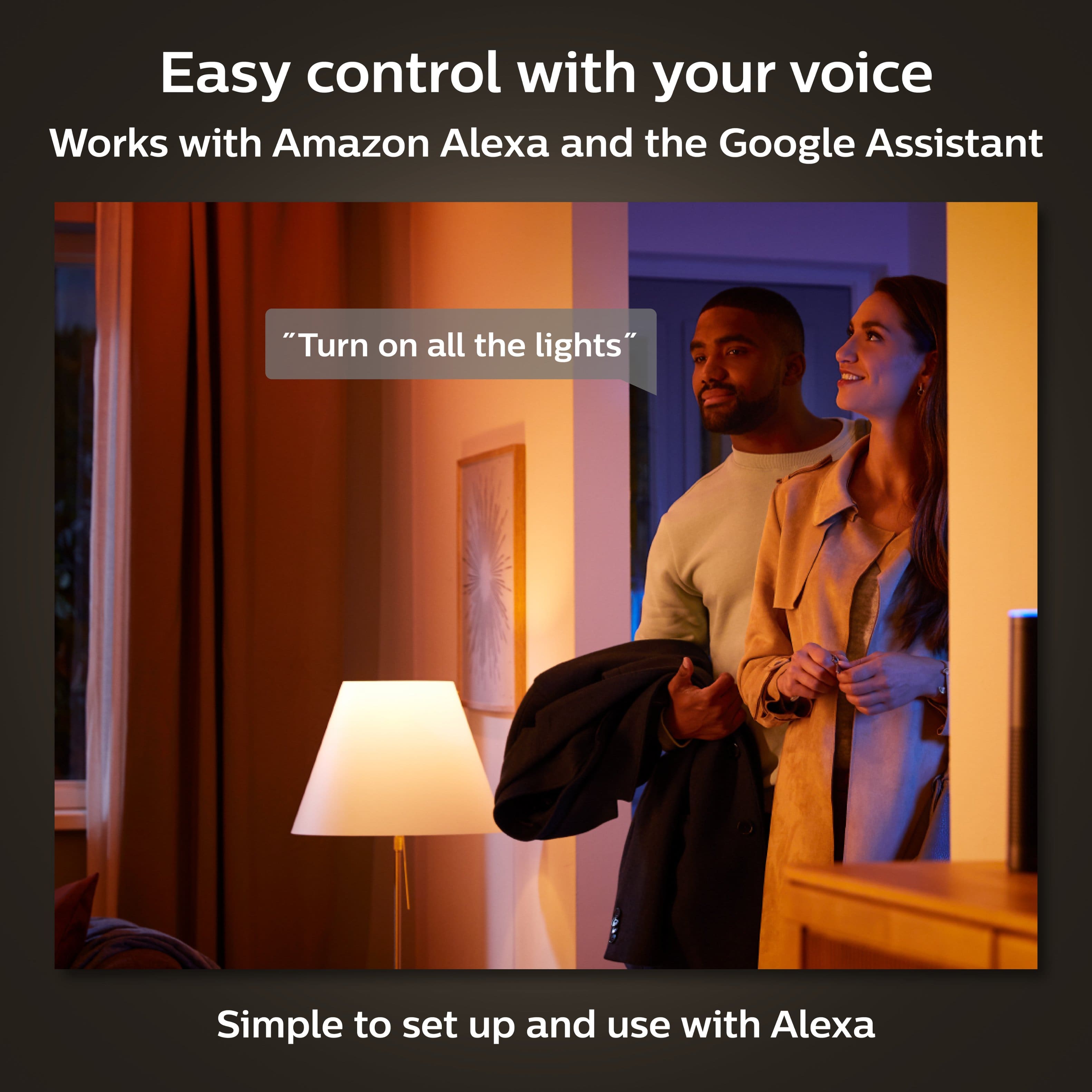Easy control with your voice Works with Amazon Alexa and the Google Assistant "Turn on all the lights" Simple to set up and use with Alexa.