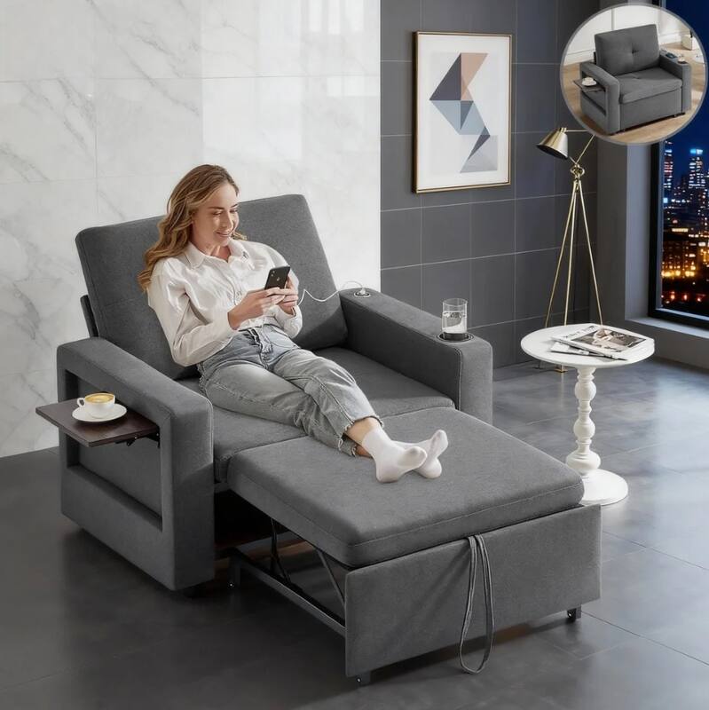 Front. Dyonery - Sleeper Sofa Bed Chair, 3-in-1 Convertible Reclining Sofa Chair with Pull Out Couch Bed, Adjustable Backrest - Grey.