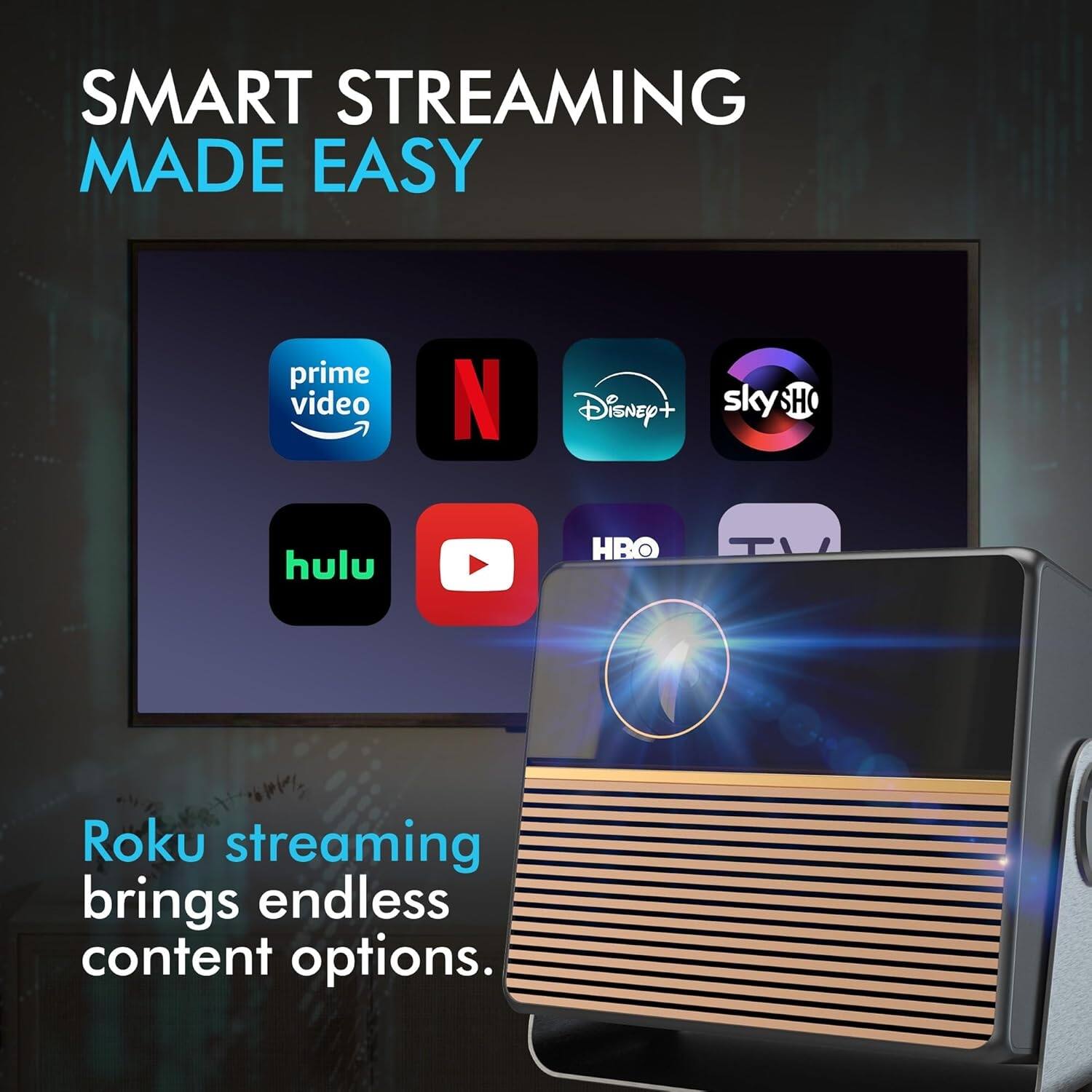SMART STREAMING MADE EASY  
prime video N Disney+ sky SHO hulu HBO Roku streaming brings endless content options.