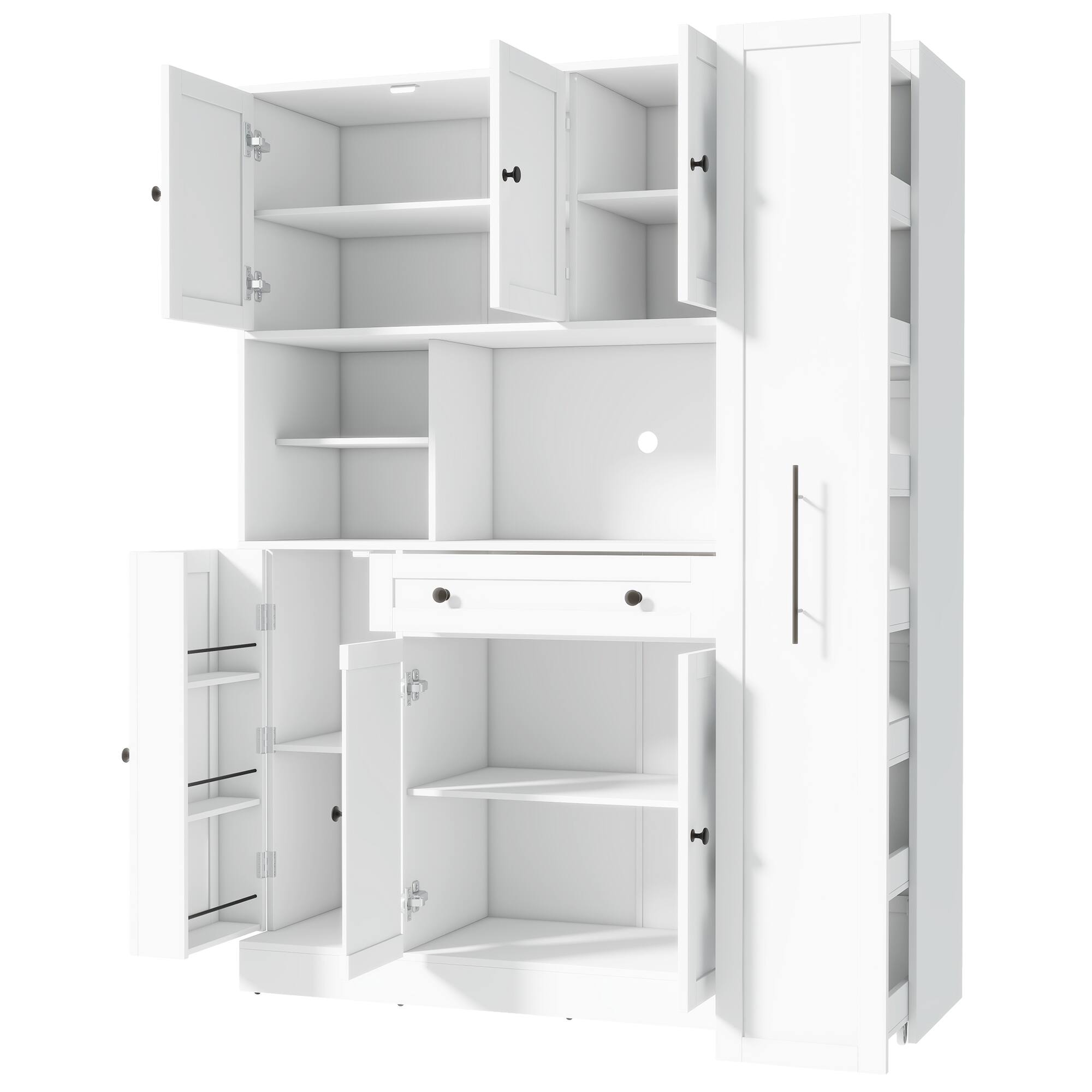 Alt View 4. Forest'nSky - 70" Tall Buffet with Hutch, Large Kitchen Pantry with Pull-Out Side Cabinet & Door Shelves, White - White.