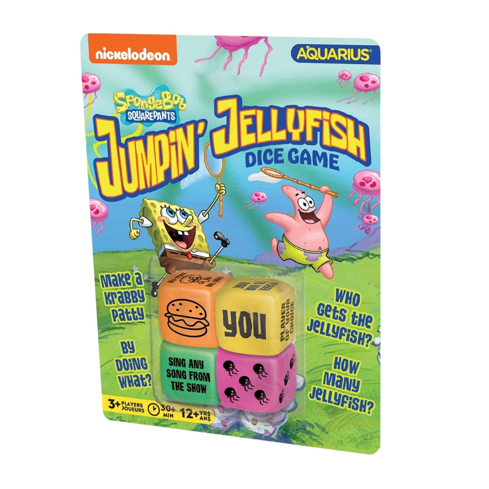nickelodeon  
AQUARIUS  
SpongeBob SQUAREPANTS  
JUMPIN' JELLYFISH DICE GAME  

Make a KRABBYPATTY WHO Gets the JELLYFISH?  
By DOING WHAT?  
SING ANY SONG FROM THE SHOW  
HOW MANY JELLYFISH?  

3+ PLAYERS  
30+ MIN  
12+ YRS  

JELLYFISH? ANS