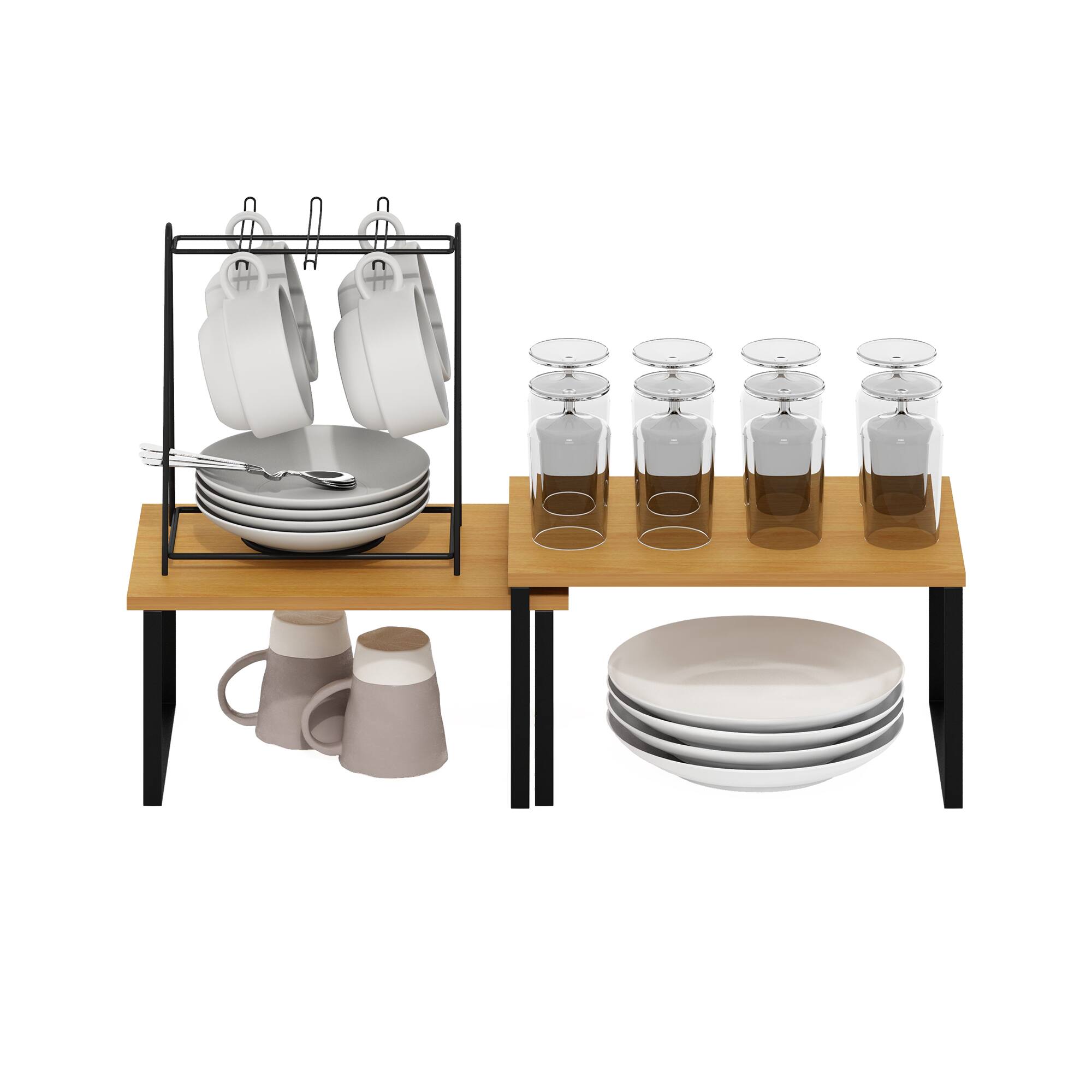 Alt View 3. Furinno - Ravel Multipurpose Expandable, Stackable Kitchen Counter Shelves, Set of 2 - Beech/Black.