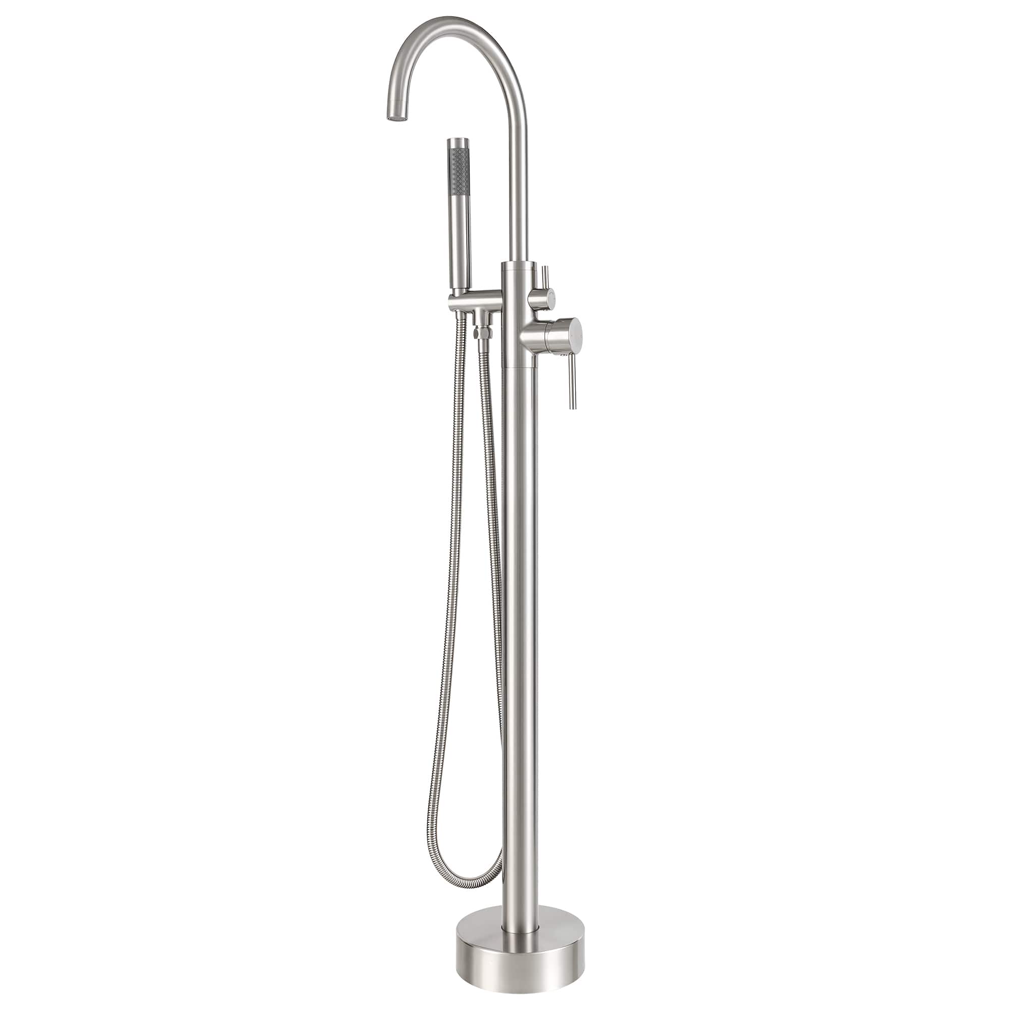 Akicon - Free Standing Bathtub Faucet 360° Swivel Tub Filler with Handheld Shower and Gooseneck Spout - Brushed Nickel