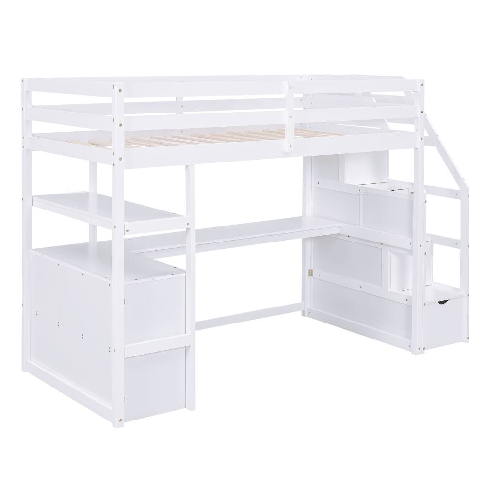 Alt View 6. Loheer - Loheer Twin Loft Bed with Desk Shelves Storage Stairs White - White.