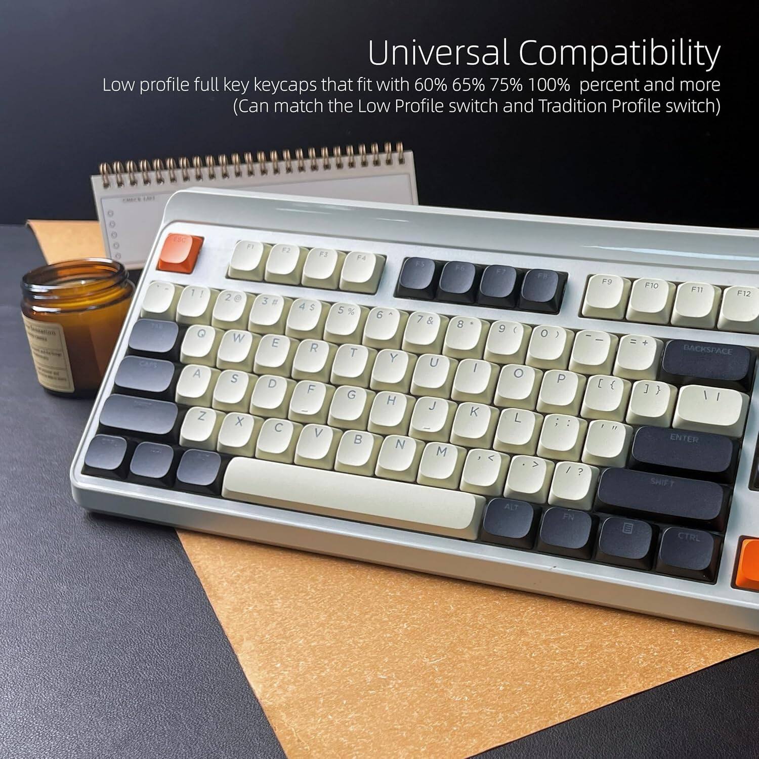 Universal Compatibility  
Low profile full key keycaps that fit with 60% 65% 75% 100% percent and more (Can match the Low Profile switch and Tradition Profile switch)  

F1 F2 F3 F4  
I 1! Q A Z 2e W S x 3  E D C d 5 R F V 5 % T G  6 Y H N 7 & U J M 8 I K 9 < ( O L o > J P : :  FO - - E { M ? F10 F11 F12 = + BACKSPACE ) J } 1/ I I ENTER SHIFT ALT FN CTRL