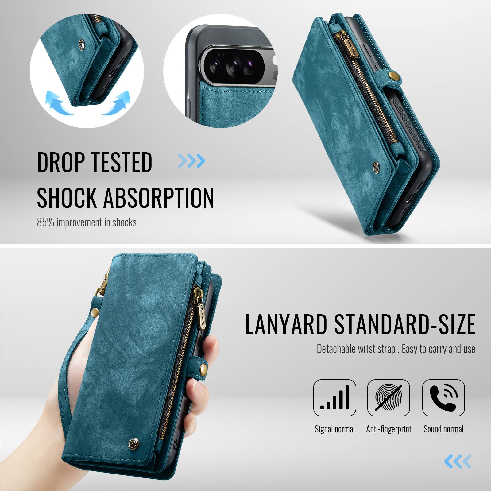 DROP TESTED  
SHOCK ABSORPTION  
85% improvement in shocks  

LANYARD STANDARD-SIZE  
Detachable wrist strap  
Easy to carry and use  

Signal normal  
Anti-fingerprint  
Sound normal