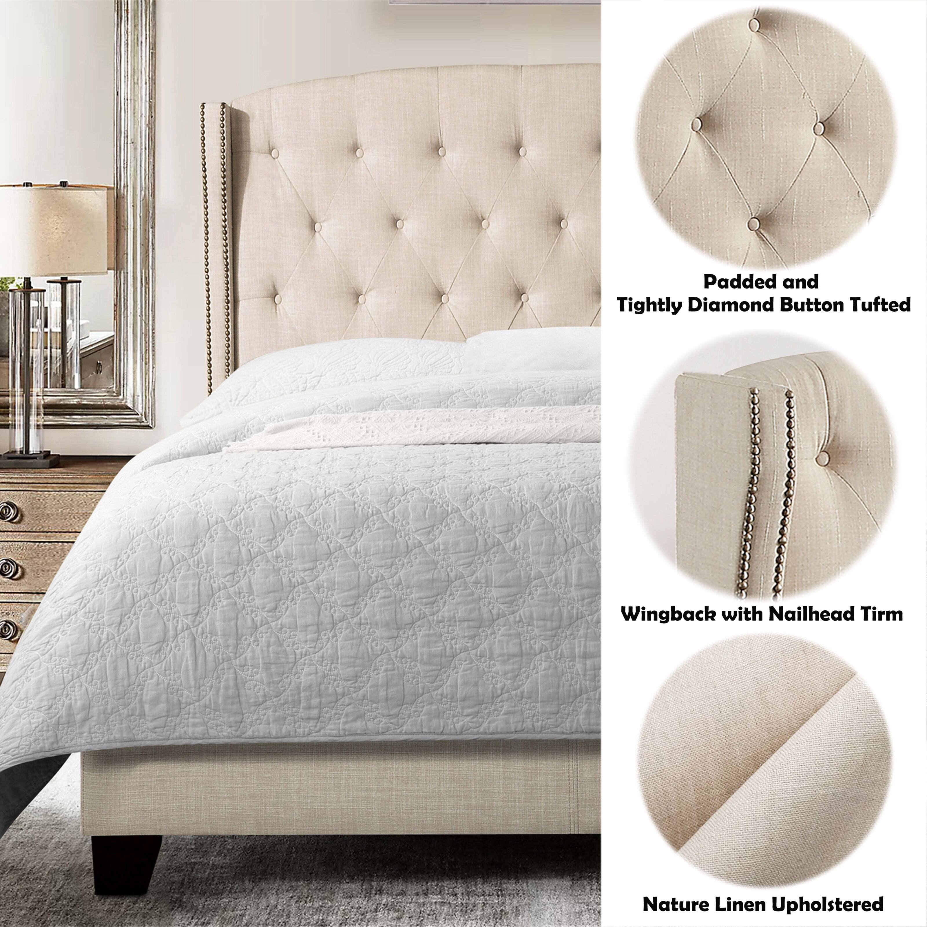 Padded and Tightly Diamond Button Tufted  
Wingback with Nailhead Trim  
Nature Linen Upholstered