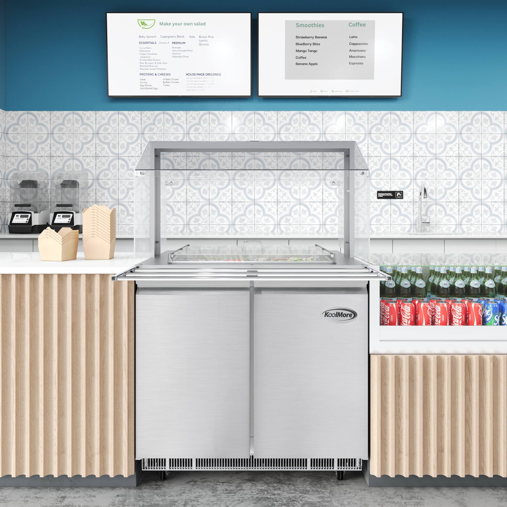 The text on the image reads: "Make your salad Smoothies Coffee - I Supergans - - I - - EOTENCAL - PREMIUM I - I | - - - - - - - - - | | I | Sby Sanana Bueberry - starga Tengo - Barane -g - - Aortmn MaRo Crem RCCN . CH AEA - - I - - - : - - - - 1 -  a - 6 - | KoolMore PA ccoa cCola I CaCola". This text is likely a menu or sign for a restaurant or café, offering various food and beverage options.