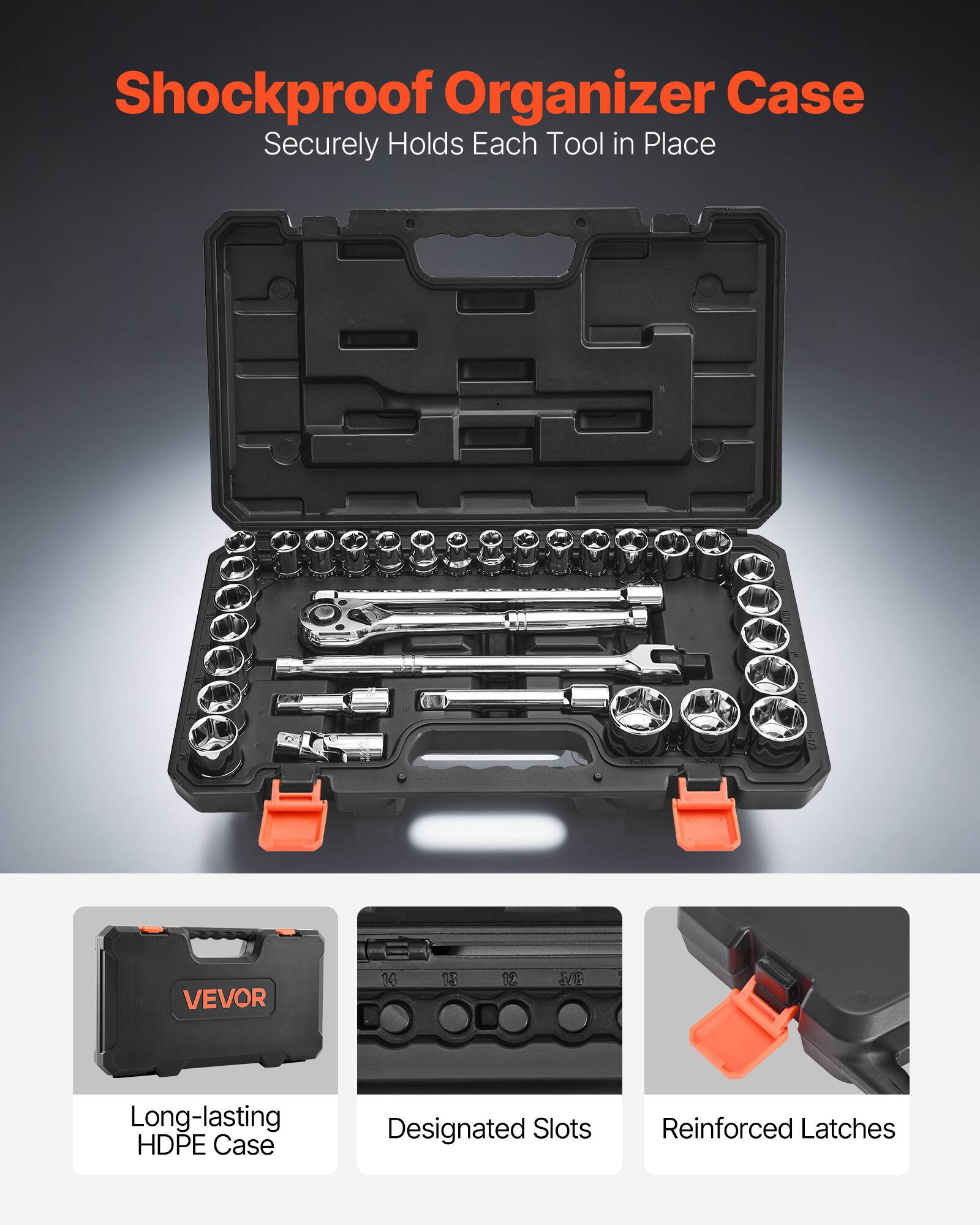 Shockproof Organizer Case  
Securely Holds Each Tool in Place  

EES VEVOR 1.0 OF 12 B  

Long-lasting HDPE Case  
Designated Slots  
Reinforced Latches