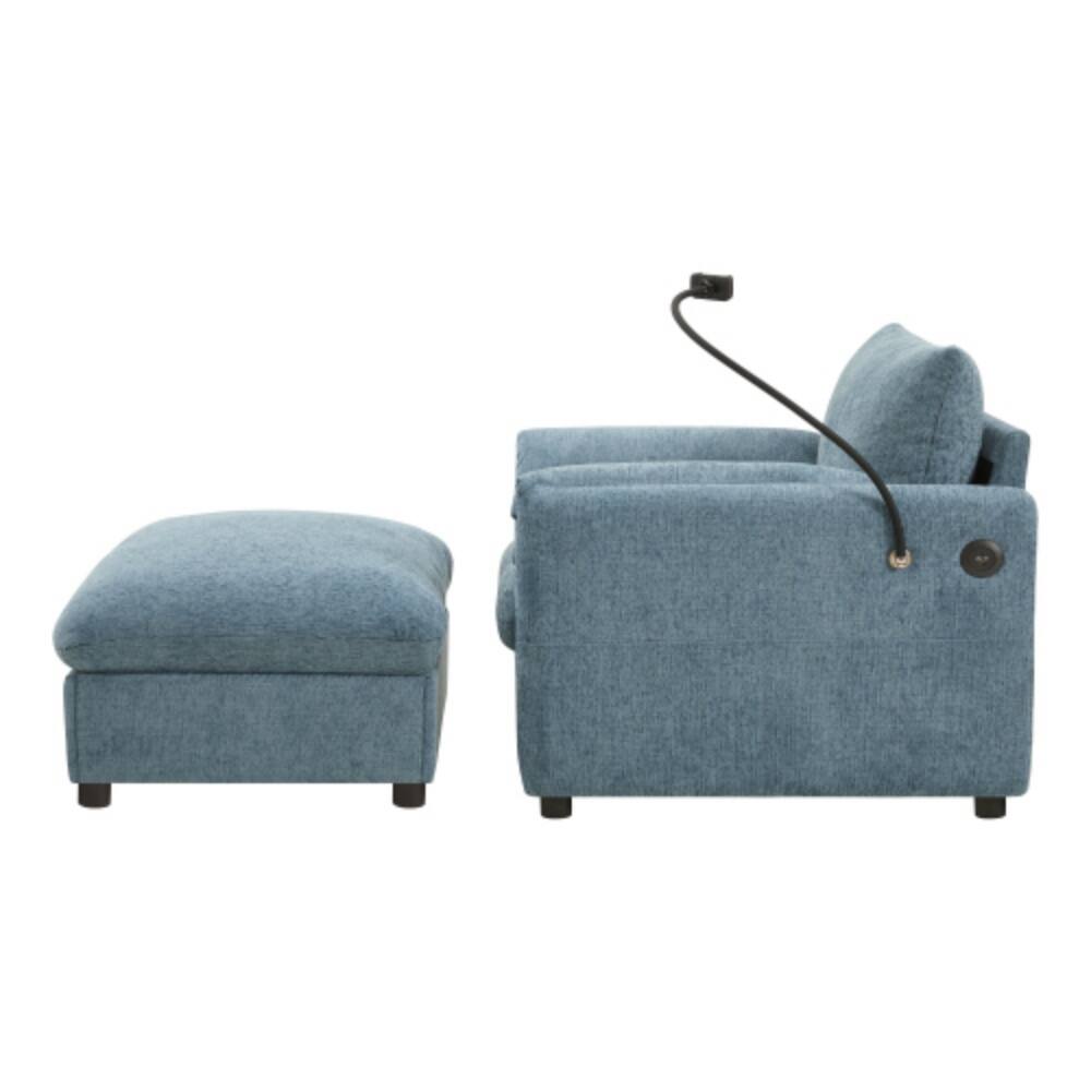 Alt View 3. LUCKY ONE - 37" Single Chenille Armchair Sofa w/ Storage Ottoman Phone Holder USB Charger - Blue.