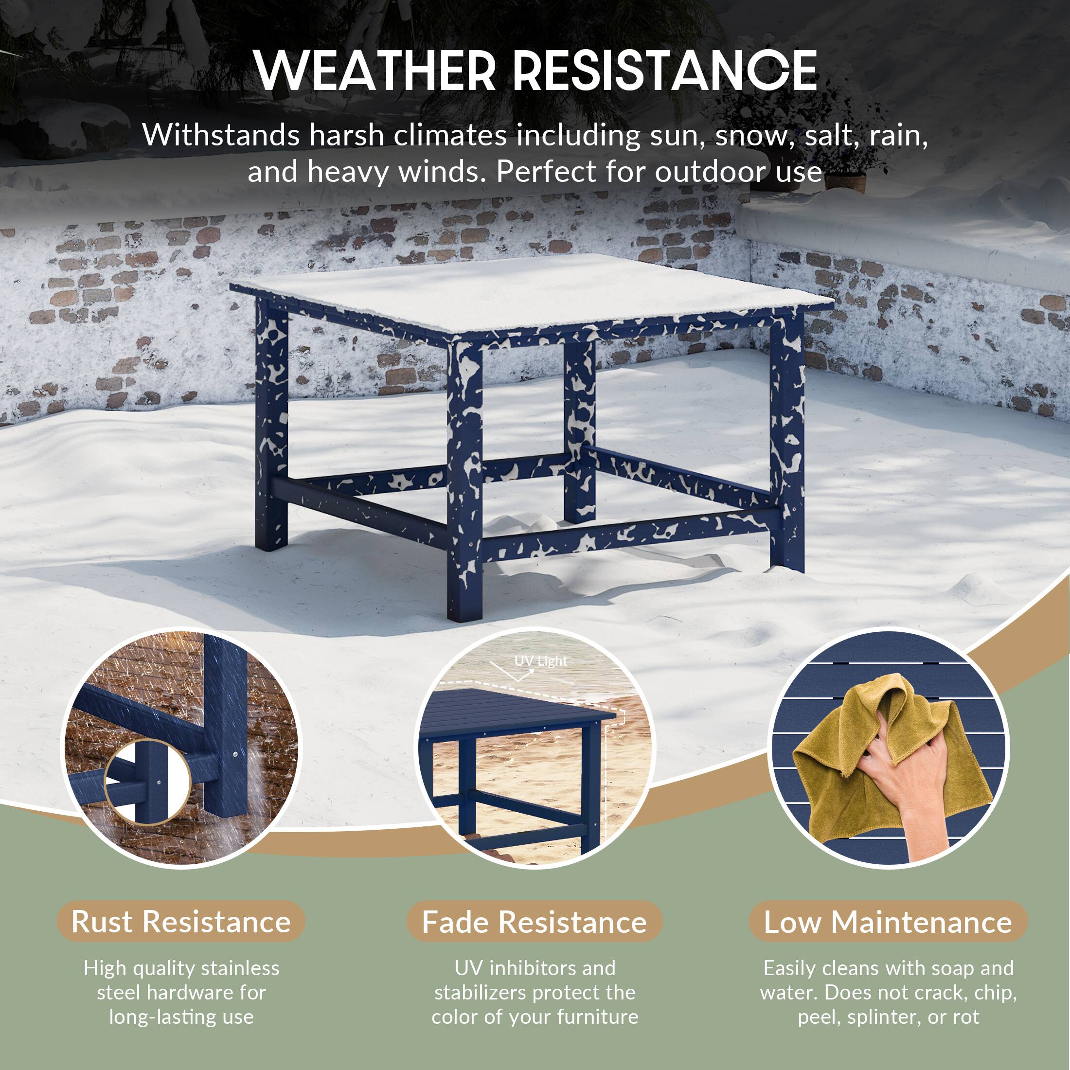 WEATHER RESISTANCE

Withstands harsh climates including sun, snow, salt, rain, and heavy winds. Perfect for outdoor use

UVTight

Rust Resistance
High quality stainless steel hardware for long-lasting use

Fade Resistance
UV inhibitors and stabilizers protect the color of your furniture

Low Maintenance
Easily cleans with soap and water. Does not crack, chip, peel, splinter, or rot