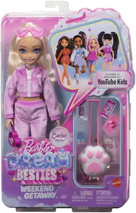 Barbie Available on Disponible sur YouTube Kids Barbie COULS Bluso Barbie H al & Malibu Barbie e DREAM BESTIES 4+ MATTEL WEEKEND ! WARNING: ATTENTION: GETAWAY TM CHOKING HAZARD-Small Small parts. DANGER D TOUFFEMENT - Not for children under 3 years. Petits lments Ne convient pas BUX enfants de moins de 36 mois.