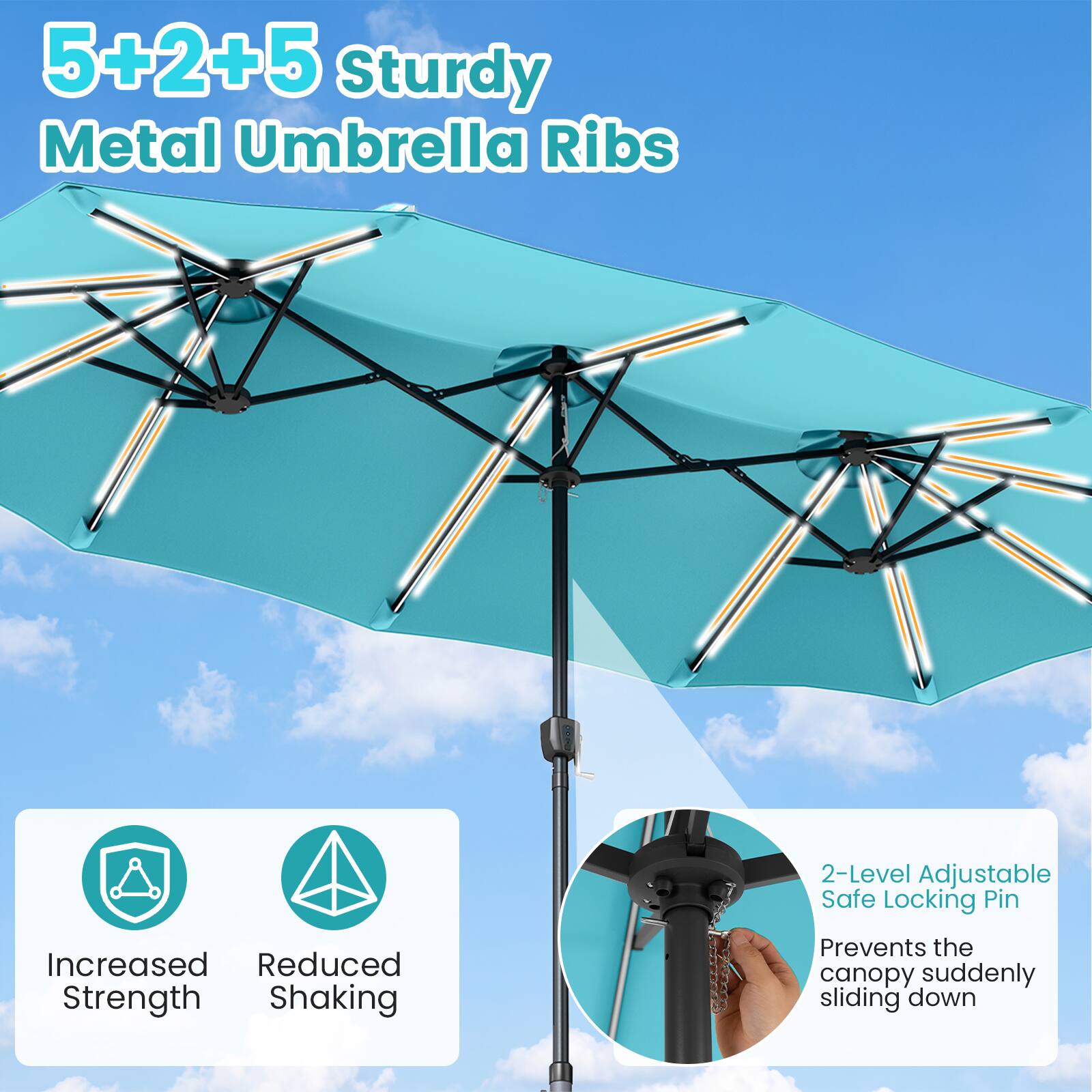 5+2+5 Sturdy Metal Umbrella Ribs

2-Level Adjustable Safe Locking Pin

Increased Strength
Reduced Shaking

Prevents the canopy suddenly sliding down