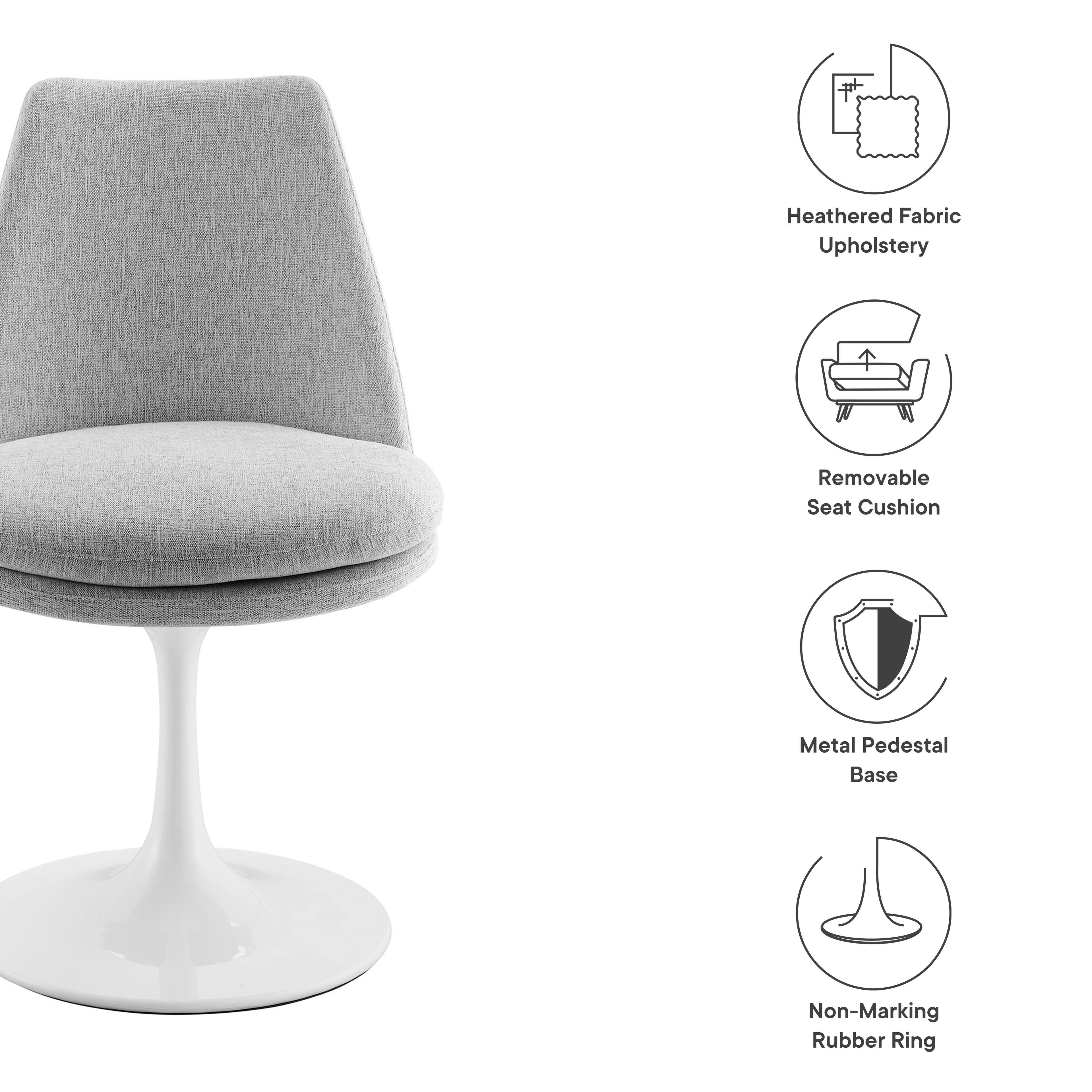 - Heathered Fabric Upholstery
- Removable Seat Cushion
- Metal Pedestal Base
- Non-Marking Rubber Ring