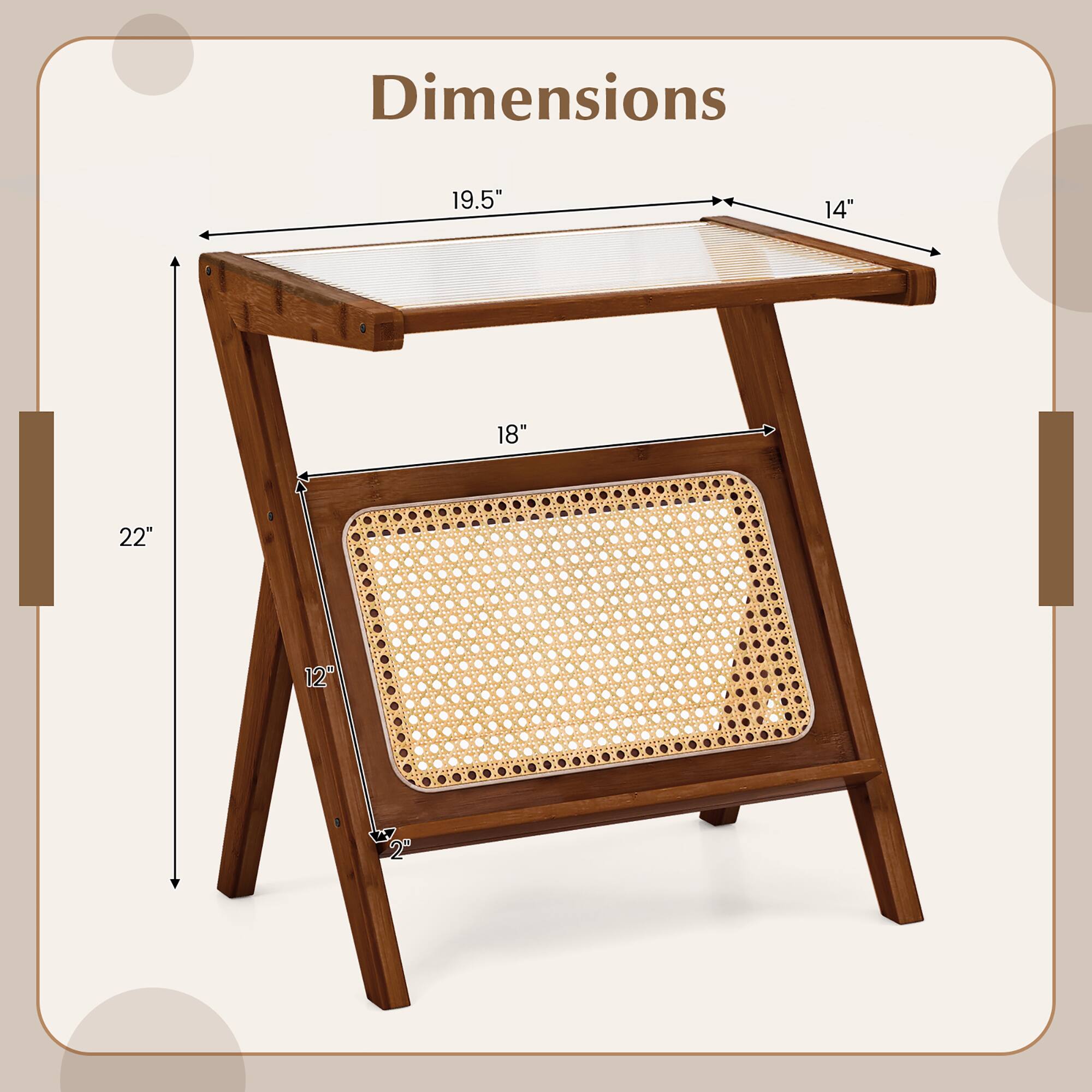 Dimensions:  
- Length: 19.5"  
- Width: 14"  
- Height: 22"  
- Shelf 1: 18"  
- Shelf 2: 12"  
- Leg Width: 2"