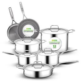NutriChef - 12-Piece Professional Stainless Steel Cookware Set, Tri-Ply Pots, Ceramic Non-Stick Fry Pans (NCSSX45.5) - Silver