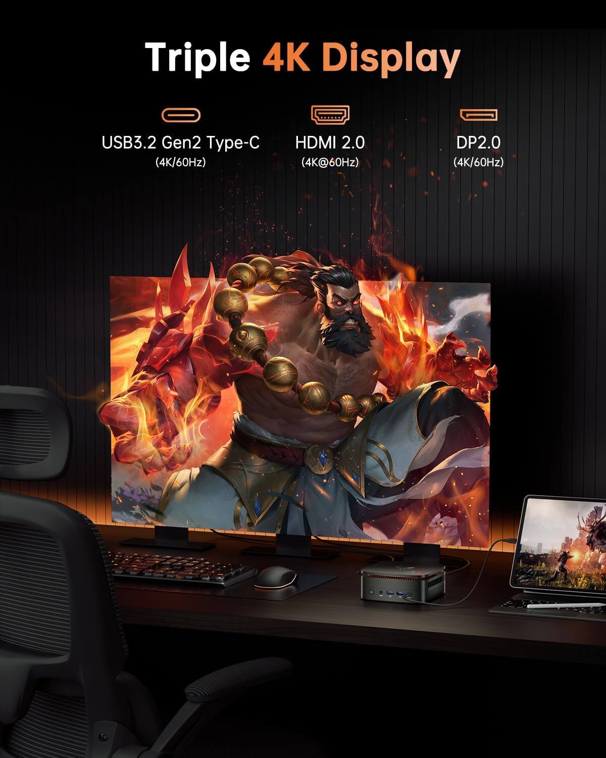 Triple 4K Display  
USB3.2 Gen2 Type-C (4K/60Hz)  
HDMI 2.0 (4K@60Hz)  
DP2.0 (4K/60Hz)