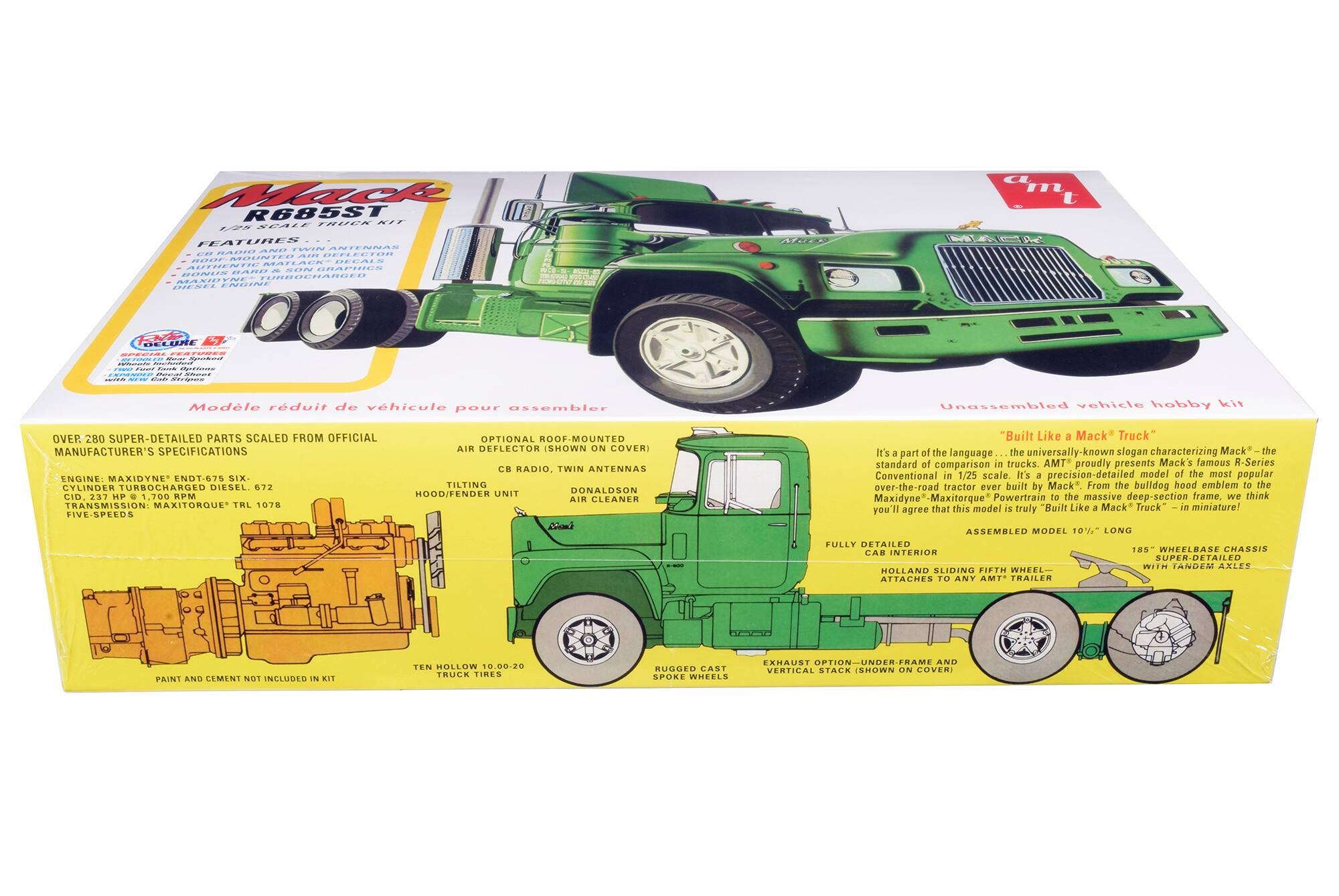 **Mack R685ST**  
1/25 Scale Truck Kit  

**Features**  
- Twin Antennas  
- Roof-Mounted Air Deflector (Shown on Cover)  
- Tilting Hood/Fender Unit  
- Donaldson Air Cleaner  
- Optional Roof-Mounted Air Deflector  
- Twin Antennas  
- Tilting Hood/Fender Unit  
- Diesel Engine  

**Special Features**  
- Over 280 Super-Detailed Parts Scaled from Official Manufacturer's Specifications  
- Engine: Maxidyne Endt 675 Six Cylinder Turbocharged Diesel, 672 CID, 237 HP @ 1,700 RPM  
- Transmission: Maxitorque TR 1078  
- 5-Speeds  
- Optional Roof-Mounted Air Deflector (Shown on Cover)  
- Twin Antennas  
- Tilting Hood/Fender Unit  
- Donaldson Air Cleaner  
- Fully Detailed Cab Interior (Shown on Cover)  
- Rugged Cast Spoke Wheels  
- Exhaust Option – Under Vertical Stack (Shown)  
- Ten 10.00-20 Truck Tires  

**Model réduit de véhicule pour assembler**  
Unas