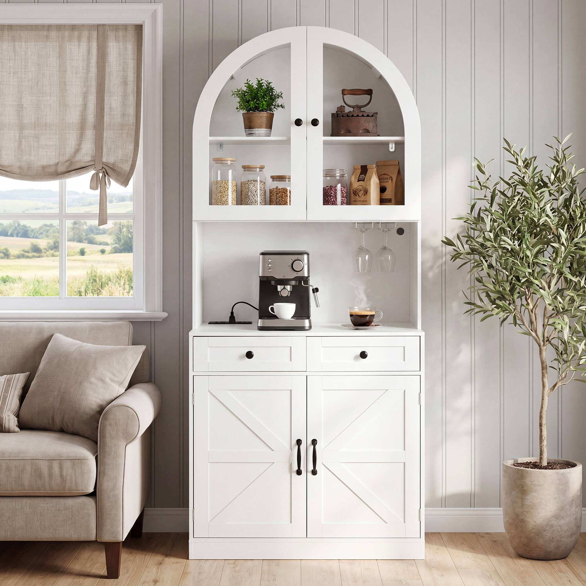 Angle. Loheer - Loheer Farmhouse Pantry Cabinet, White Arched Coffee Bar Cabinet with Charging Station, Glass Doors, Adjustable Shelves - White.